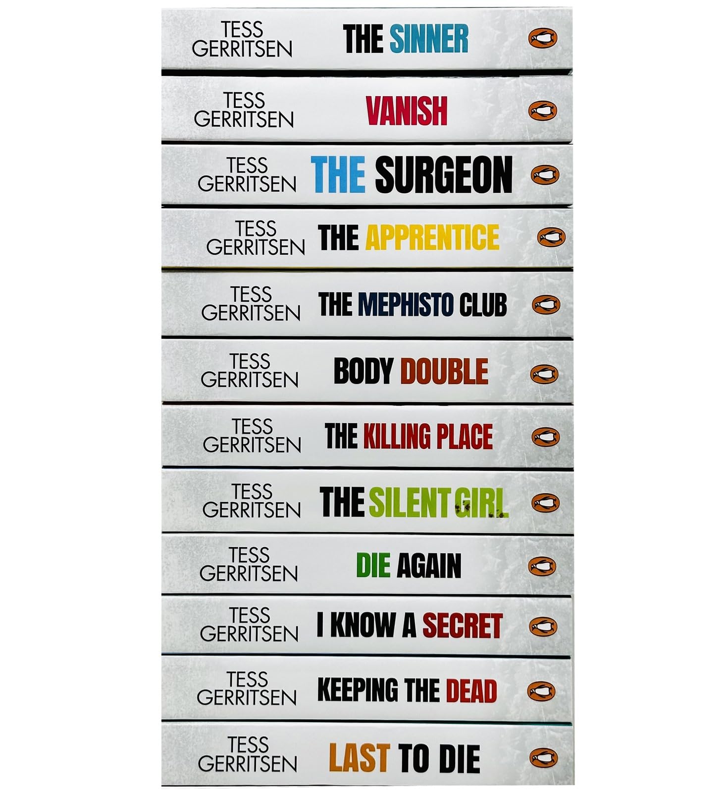 All 12 Rizzoli & Isles paperback novels by Tess Gerritsen fanned out showing individual cover art