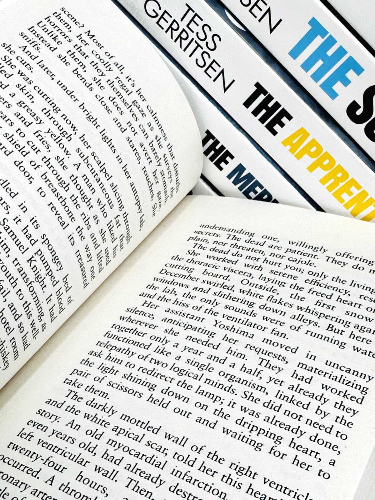 Close-up stack of the Rizzoli & Isles paperback box set highlighting spine titles by Tess Gerritsen