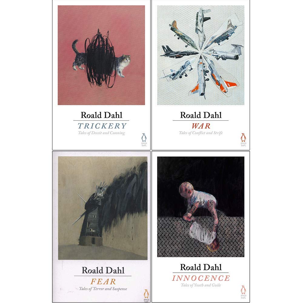 Close-up of the four Roald Dahl paperback covers fanned out showing titles