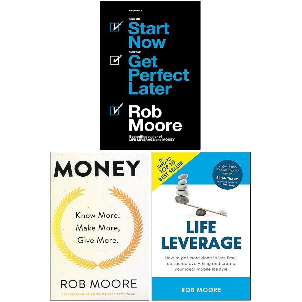 Angled view of the Rob Moore business book paperback set on a wooden surface, highlighting the back cover text.