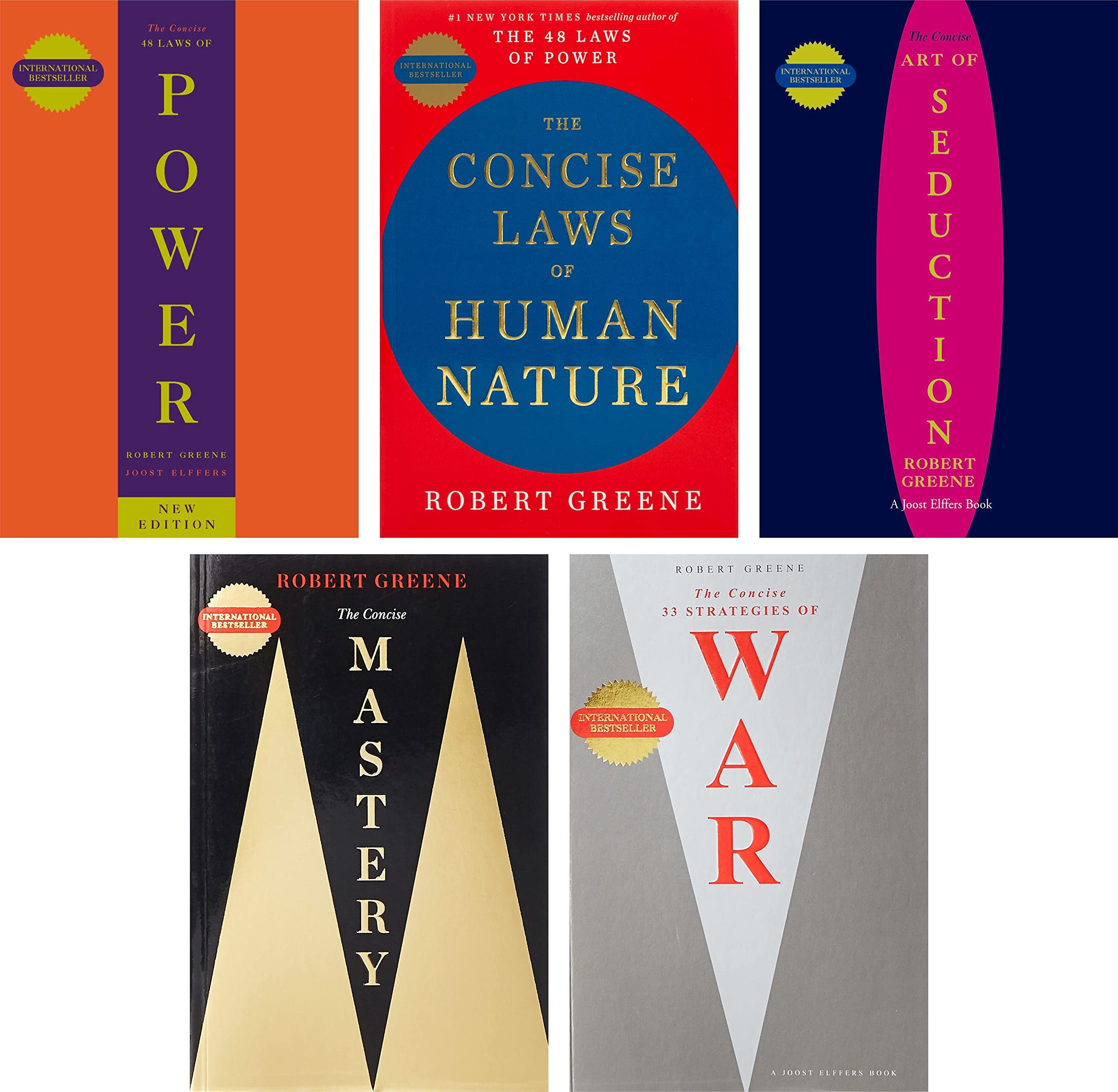 Front cover view of the Robert Greene Concise 5 Books Collection Set in paperback, all five titles arranged together.