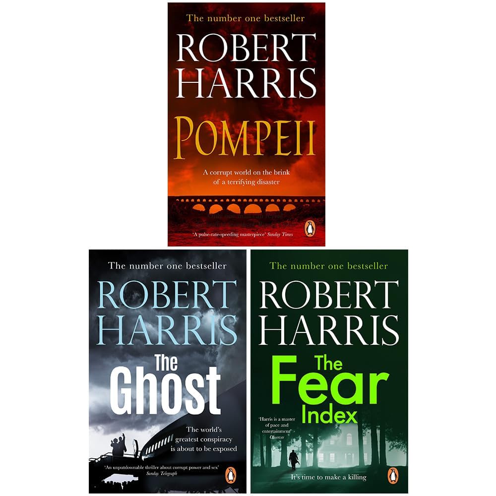 Close-up of the Pompeii paperback cover by Robert Harris from the 3 book collection set