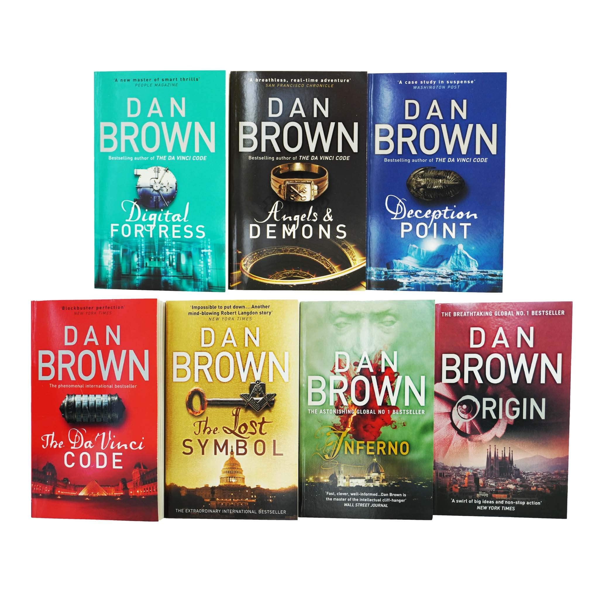 All seven Robert Langdon paperback books by Dan Brown fanned out showing spines and cover art