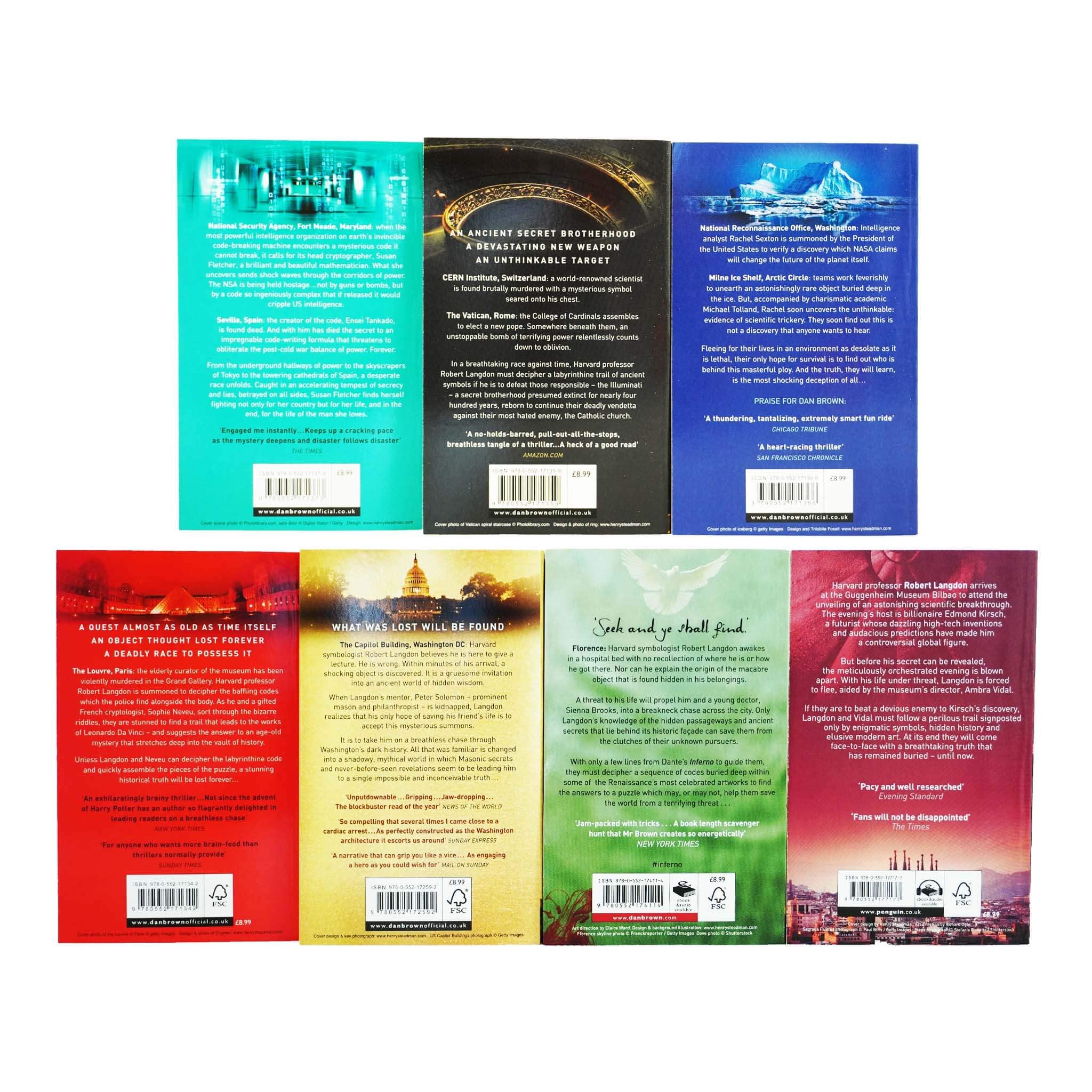 Stacked view of the Robert Langdon 7-book paperback set by Dan Brown including The Da Vinci Code and Inferno