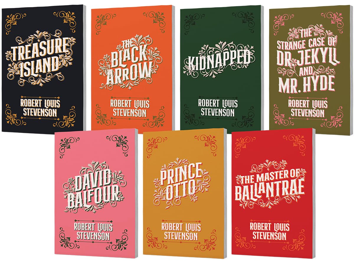 Back cover of the Robert Louis Stevenson 7-book paperback boxed set showing the full titles list and synopsis