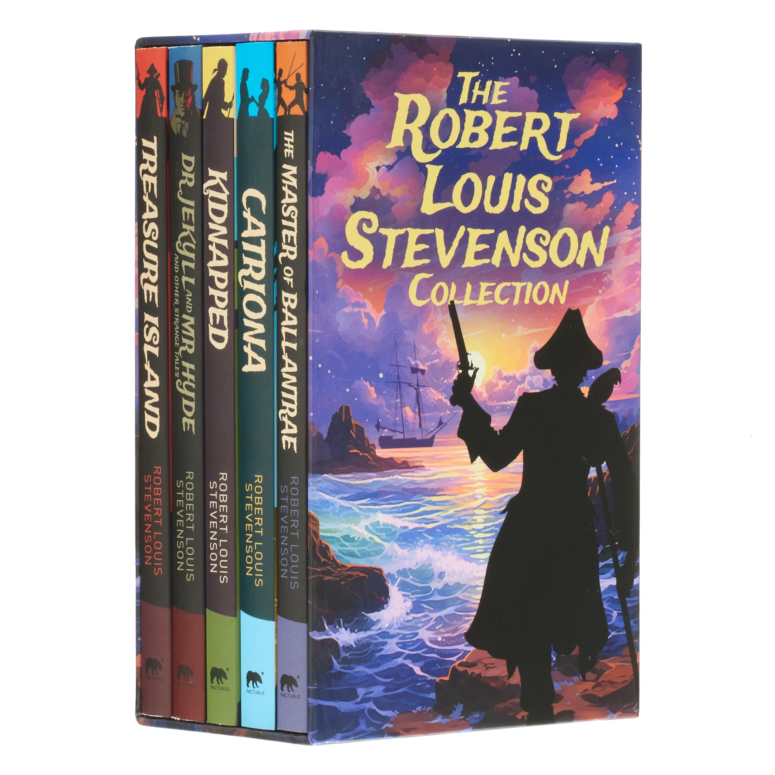 The Robert Louis Stevenson Collection 5-book paperback box set front cover, featuring Treasure Island, Kidnapped, Catriona, Dr Jekyll and Mr Hyde, and The Master of Ballantrae