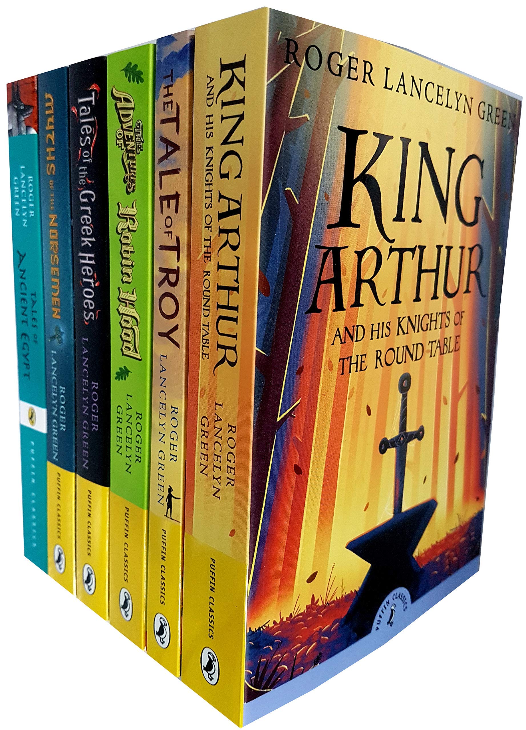 Roger Lancelyn Green Collection 6 Books Set front covers showing King Arthur, The Tale of Troy, Myths of the Norsemen, Tales of Ancient Egypt, The Adventures of Robin Hood, and Tales of the Greek Heroes, Puffin Classics paperback