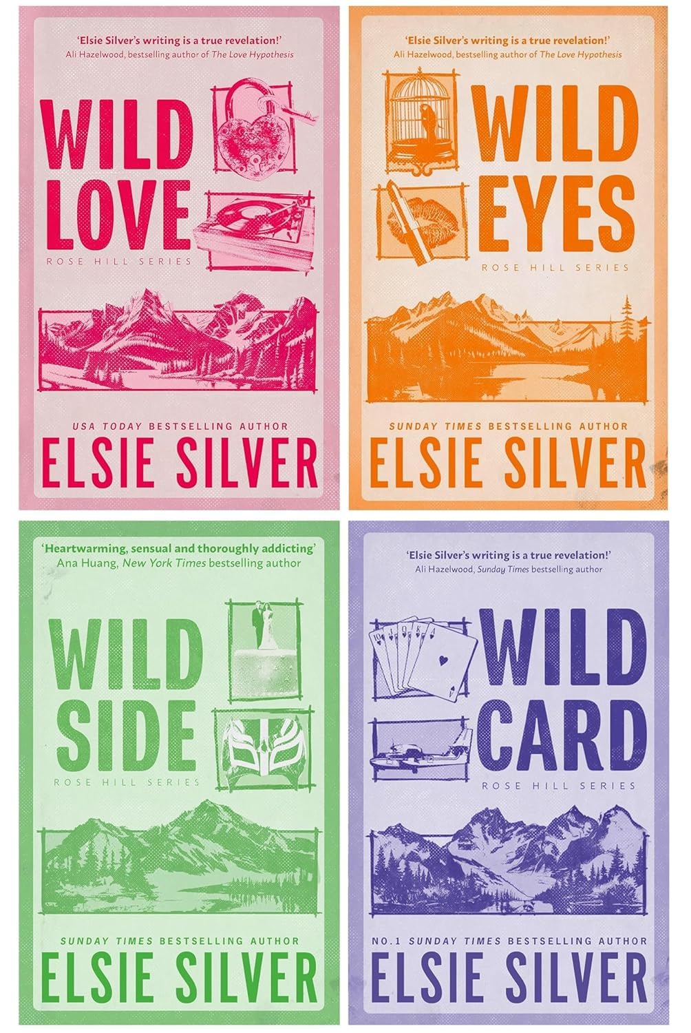 Rose Hill Series by Elsie Silver 4-book paperback collection set, front covers of Wild Love, Wild Eyes, Wild Side, and Wild Card fanned out
