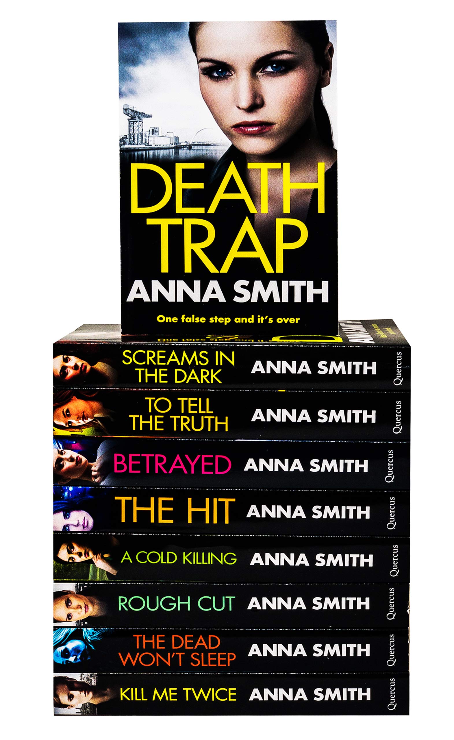 Close-up of the Rosie Gilmour 9-book paperback set by Anna Smith arranged on a table, highlighting the colorful Glasgow crime thriller cover art.