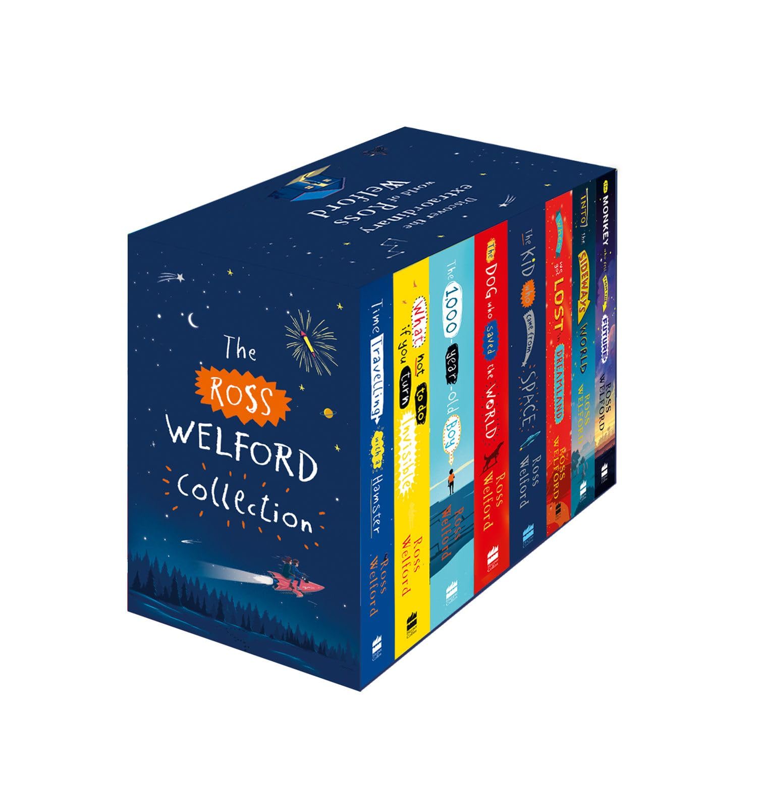 The Ross Welford Collection 8-book paperback set for ages 9-12, showing all covers fanned out including Time Travelling with a Hamster and The Dog Who Saved the World.