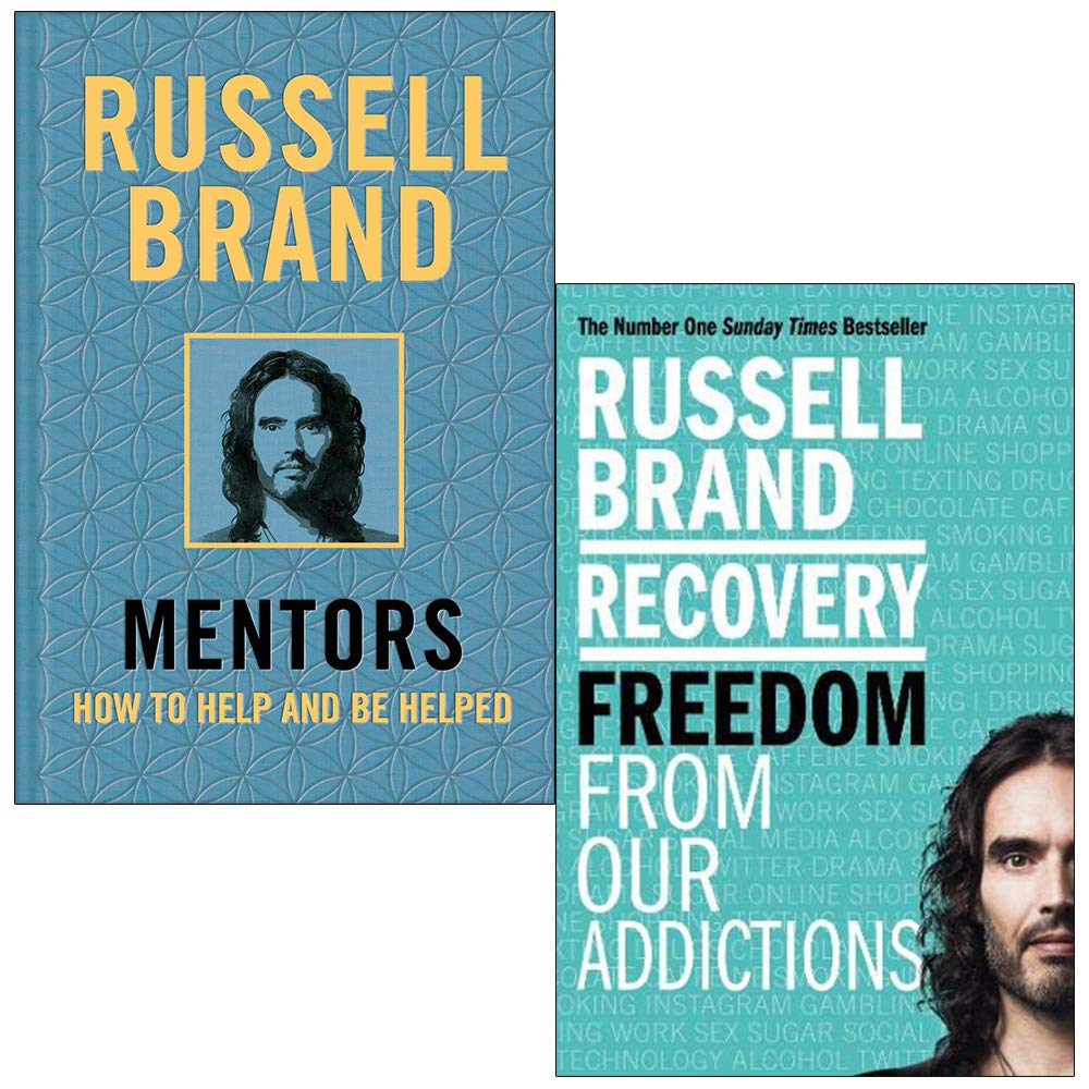 Russell Brand Collection 2 books set, Mentors hardback and Recovery paperback, stacked on a wooden surface.