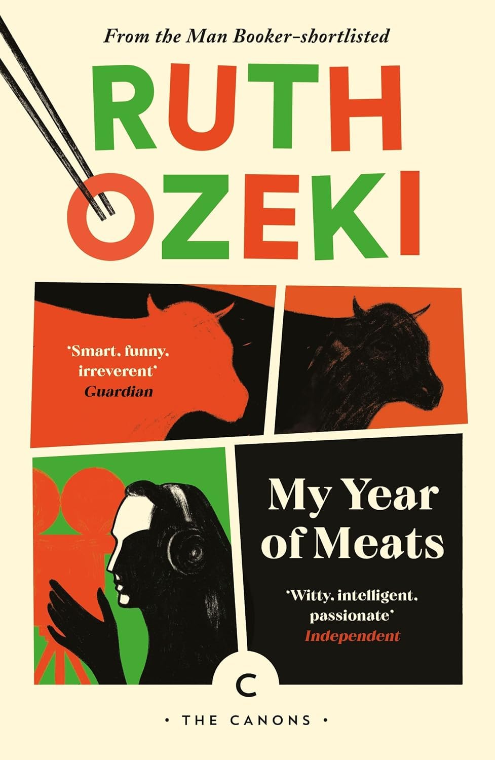 Ruth Ozeki books fanned out together showing My Year of Meats, All Over Creation, and The Typing Lady spines