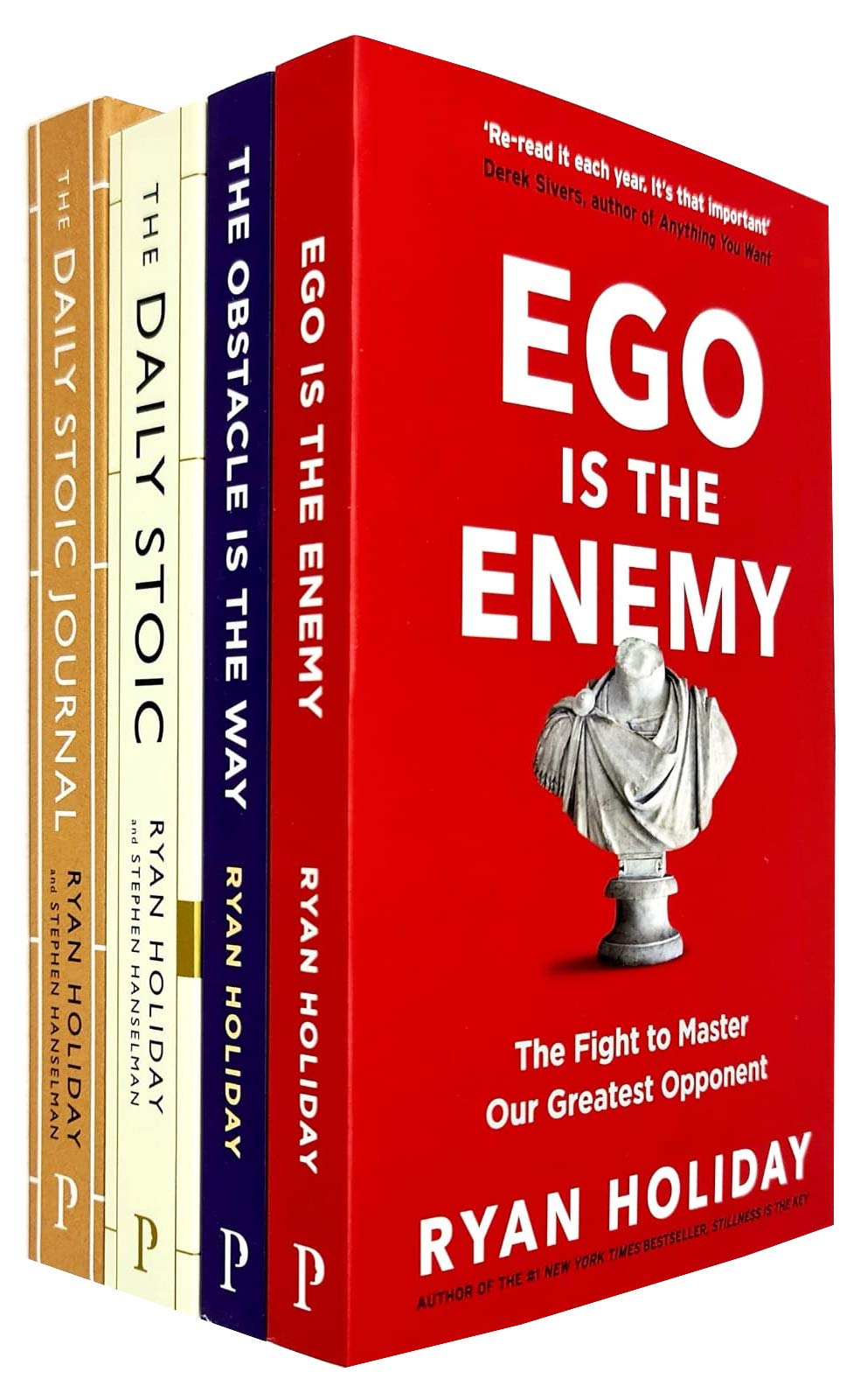 Close-up of The Obstacle Is the Way paperback cover by Ryan Holiday, part of the Stoic 4-book set
