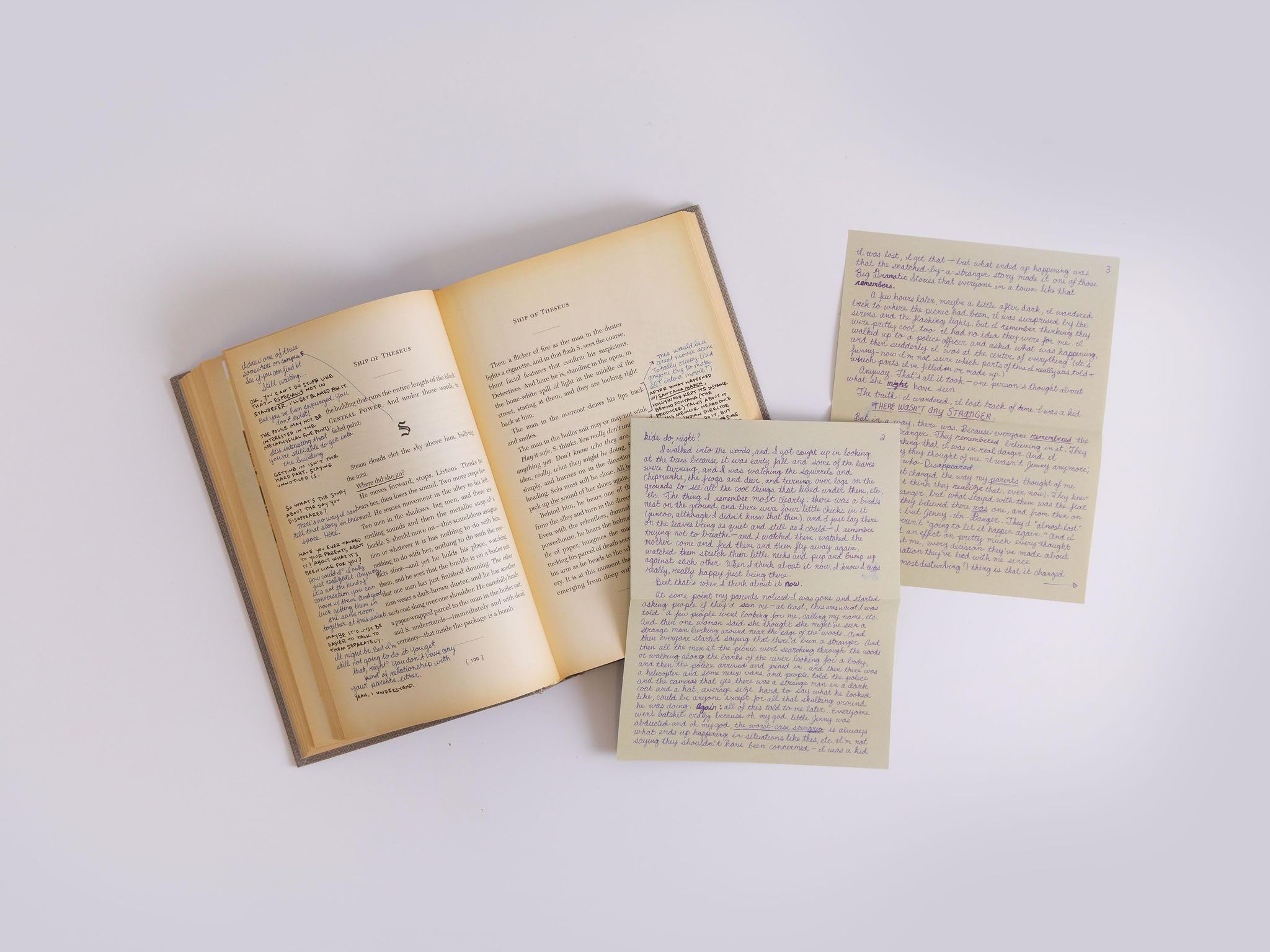 Loose ephemera inserts from S. including postcards, letters, and a hand-drawn map