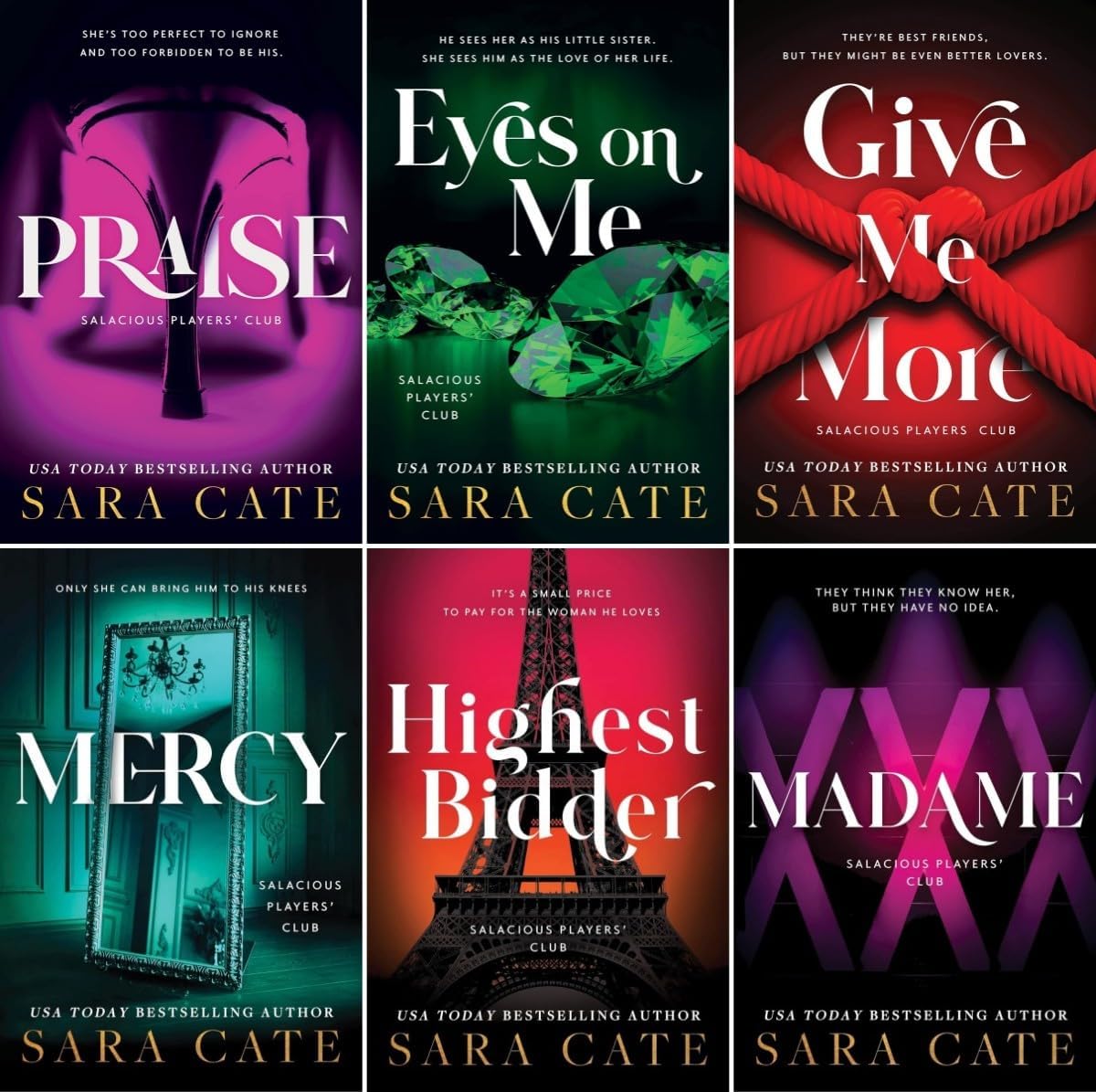 Full set of six Salacious Players Club paperback books by Sara Cate fanned out showing all covers