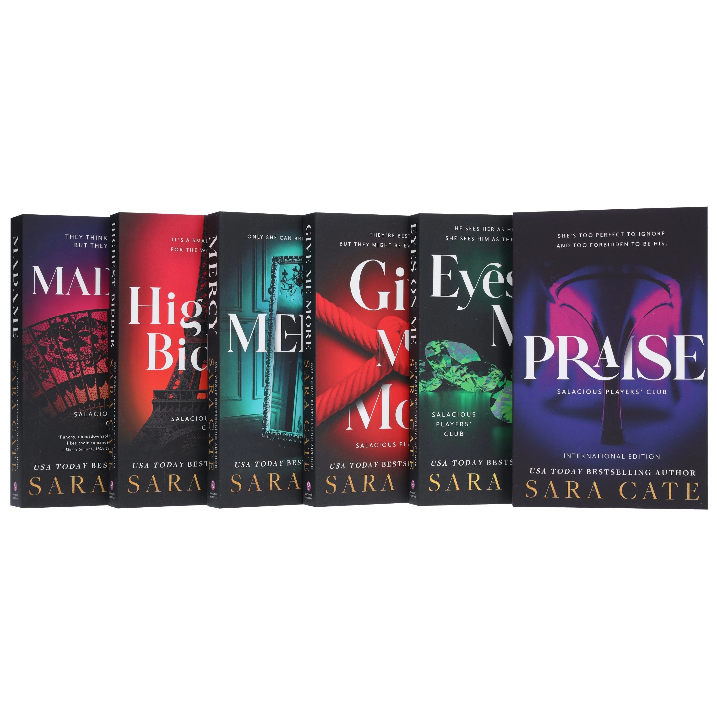 Close-up of Salacious Players Club paperback book covers including Praise and Eyes on Me by Sara Cate