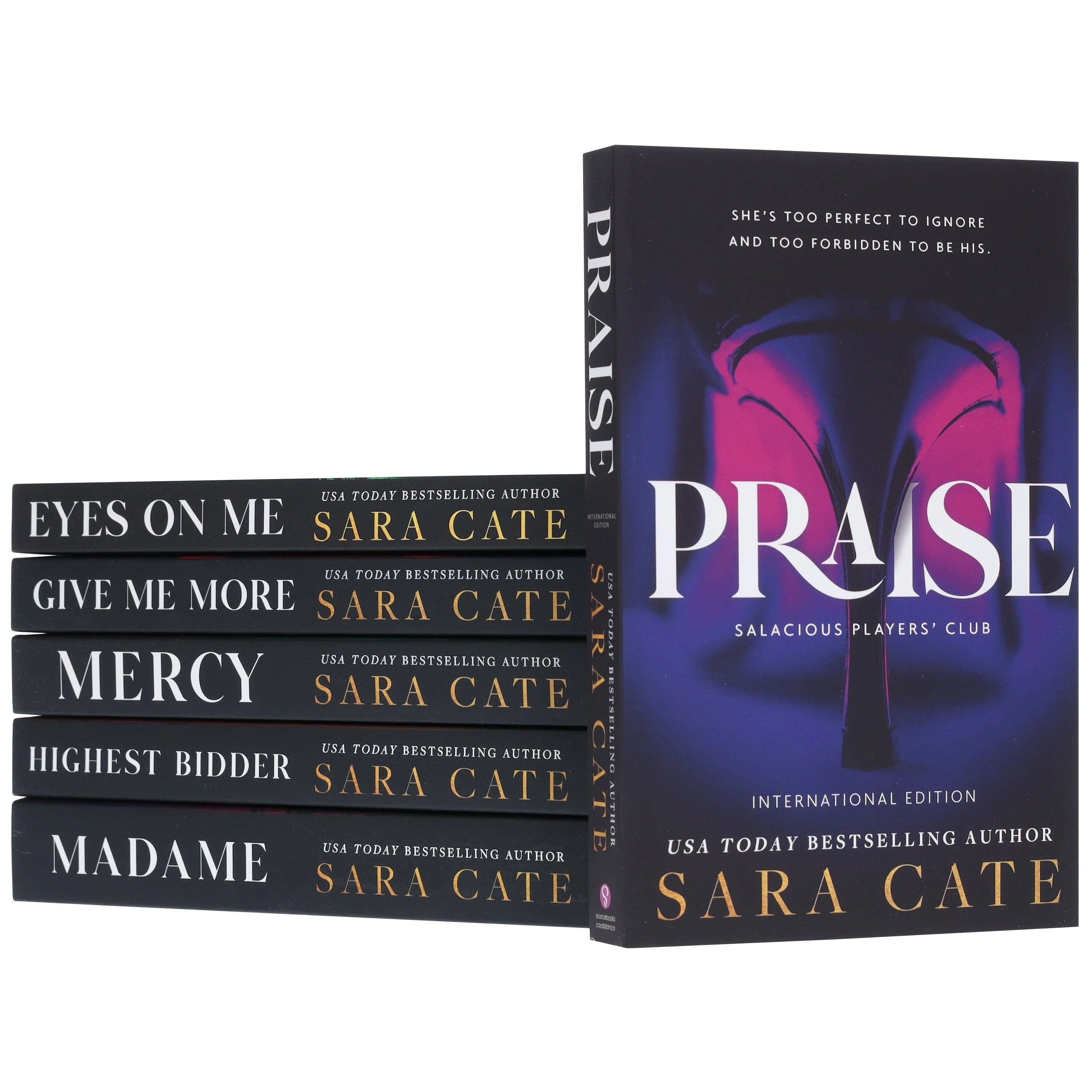 Salacious Players Club collection stacked showing spines of all six Sara Cate paperback novels
