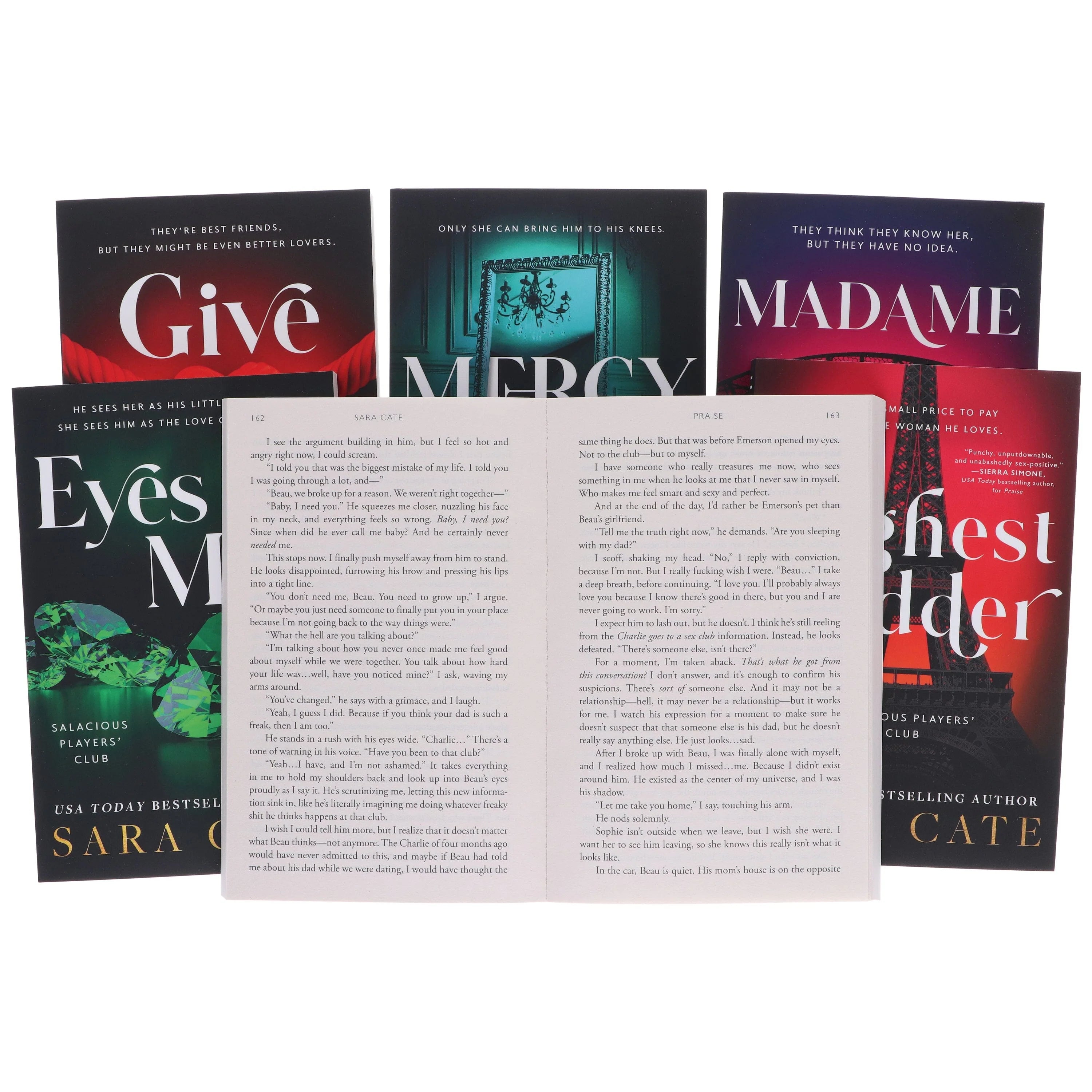 Salacious Players Club 6-book set by Sara Cate arranged to show Mercy, Highest Bidder, and Madame covers
