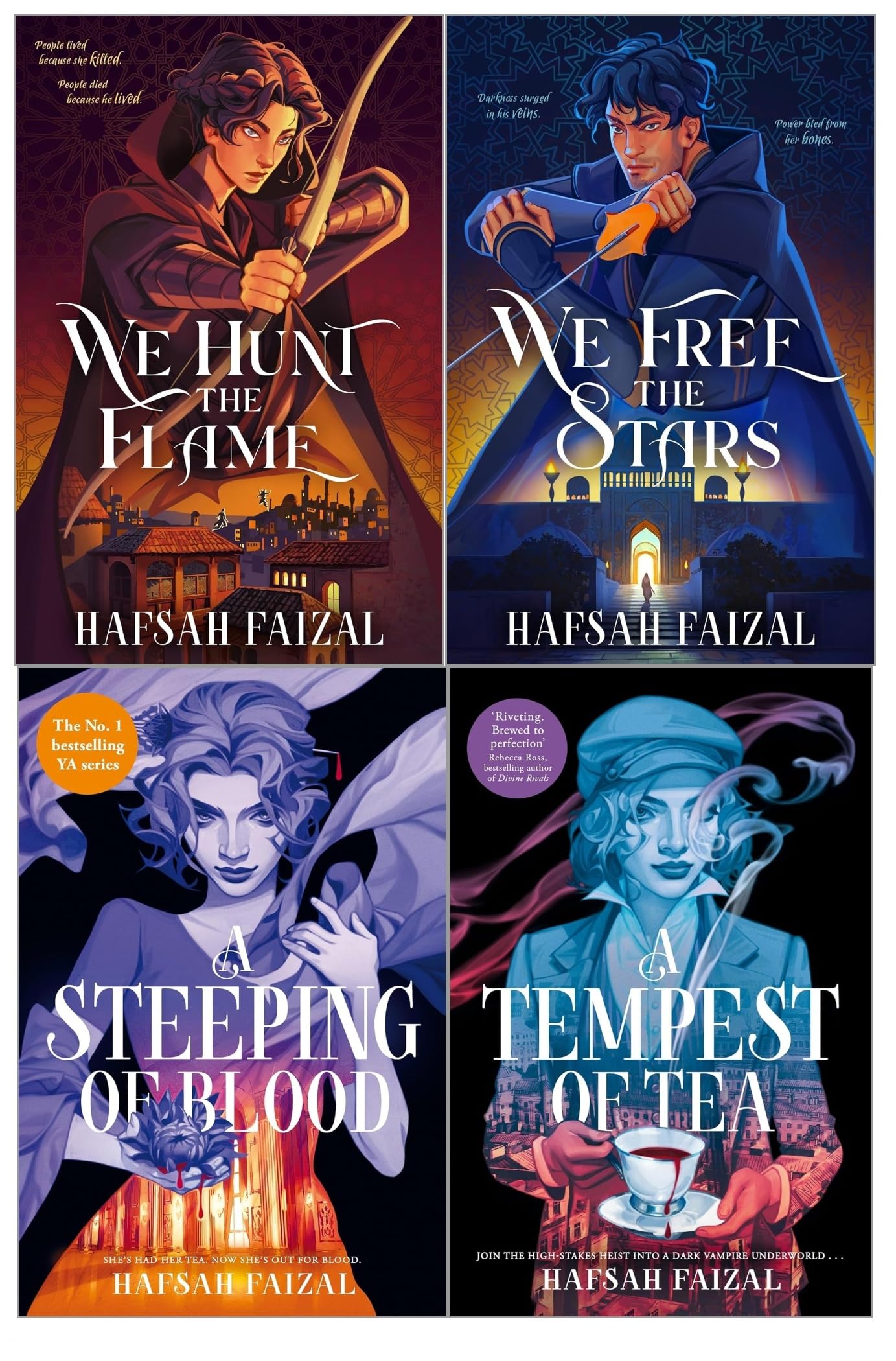 Front cover of the Hafsah Faizal Sands of Arawiya and Blood and Tea 4 book paperback collection set
