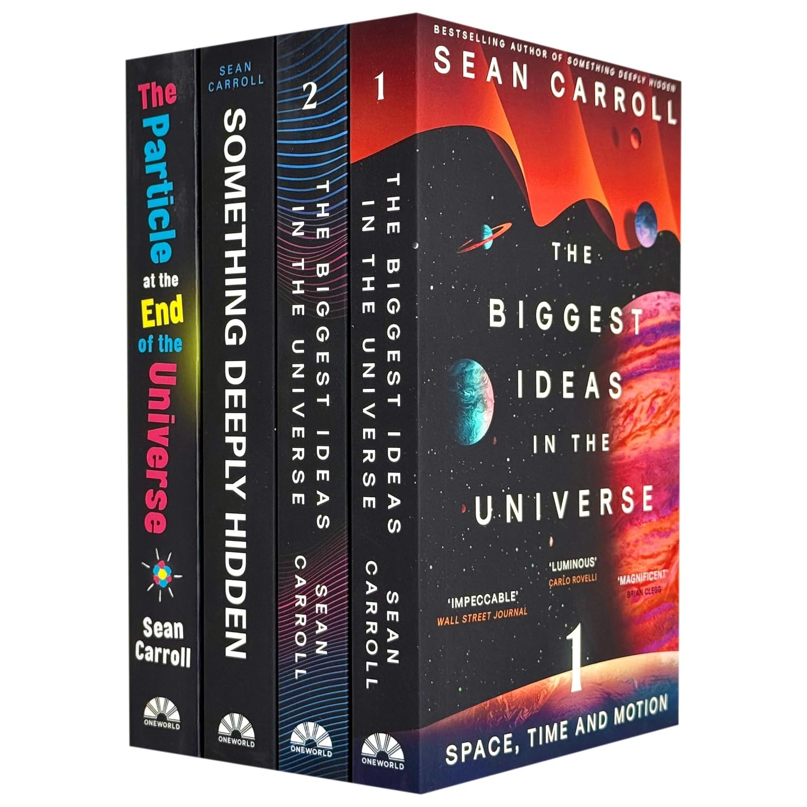 Sean Carroll 4 Books Collection Set front cover featuring Space, Time and Motion, Quanta and Fields, Something Deeply Hidden, and The Particle at the End of the Universe paperbacks