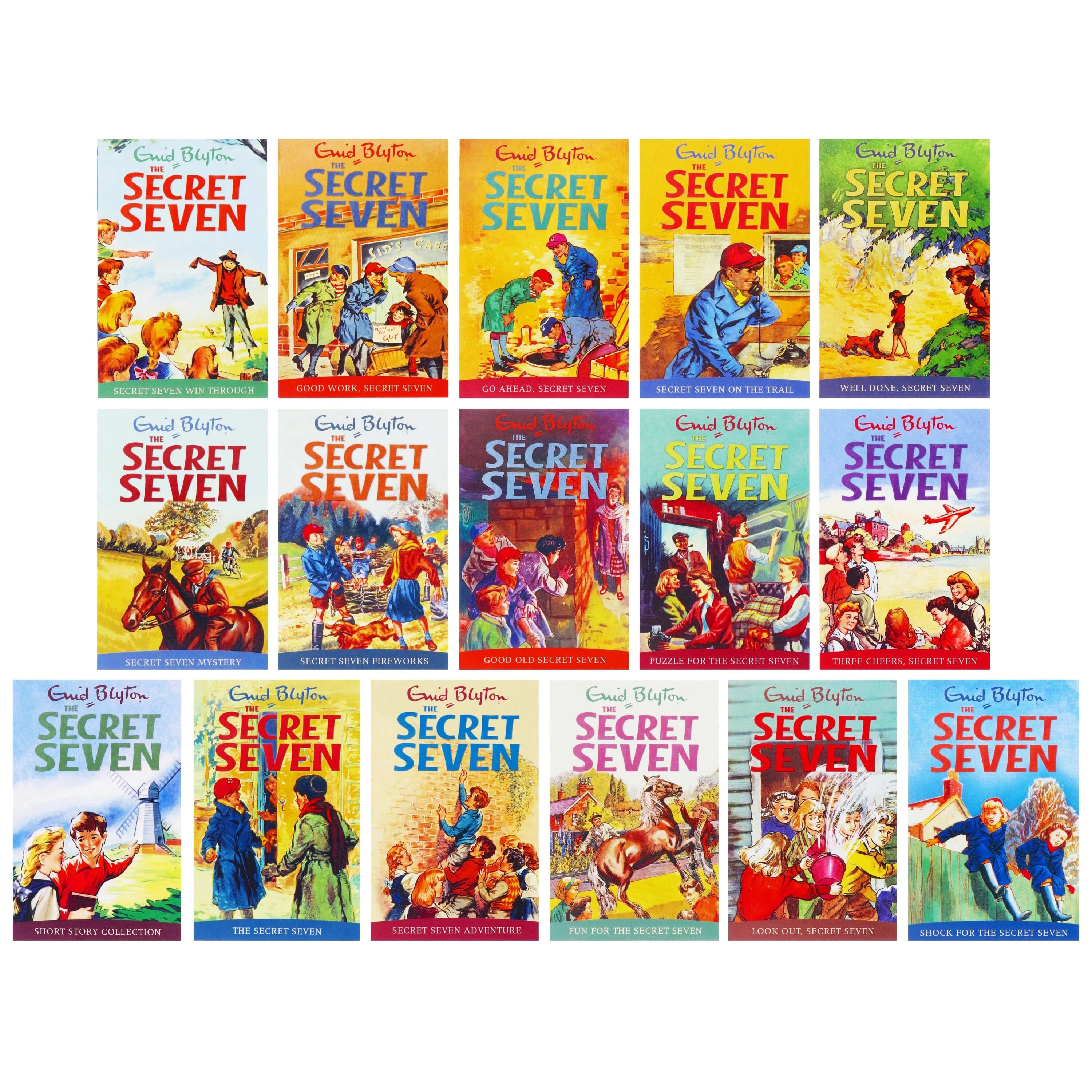 Stacked view of the Secret Seven complete 16-book paperback set by Enid Blyton