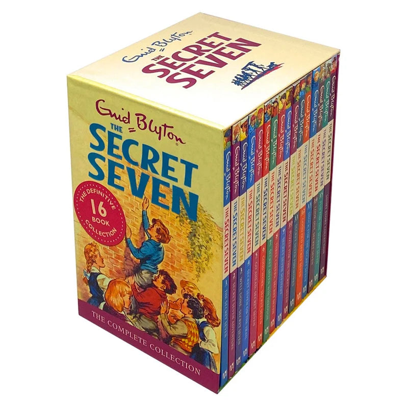 Close-up of Secret Seven paperback book spines showing titles in the 16-book Enid Blyton set