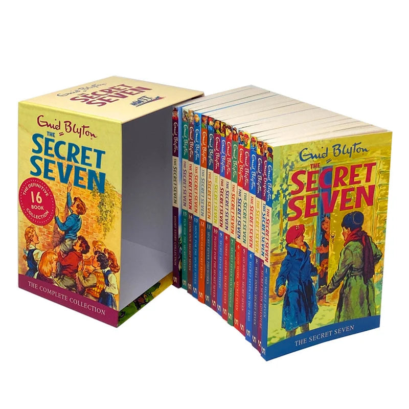 Secret Seven 16-book collection fanned out showing multiple cover illustrations by Enid Blyton