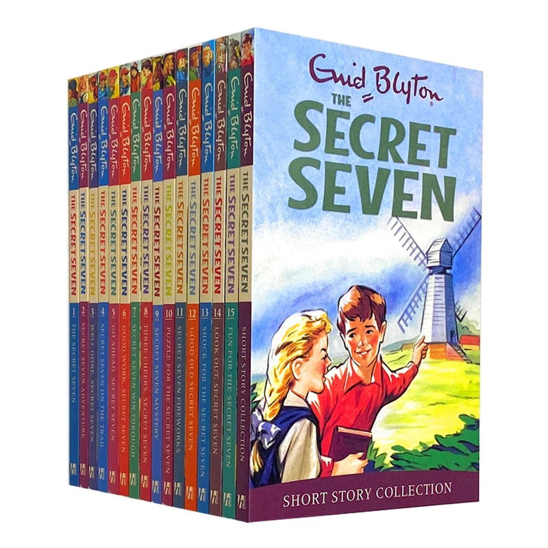 Stacked paperback books from the Secret Seven 16-book collection set by Enid Blyton