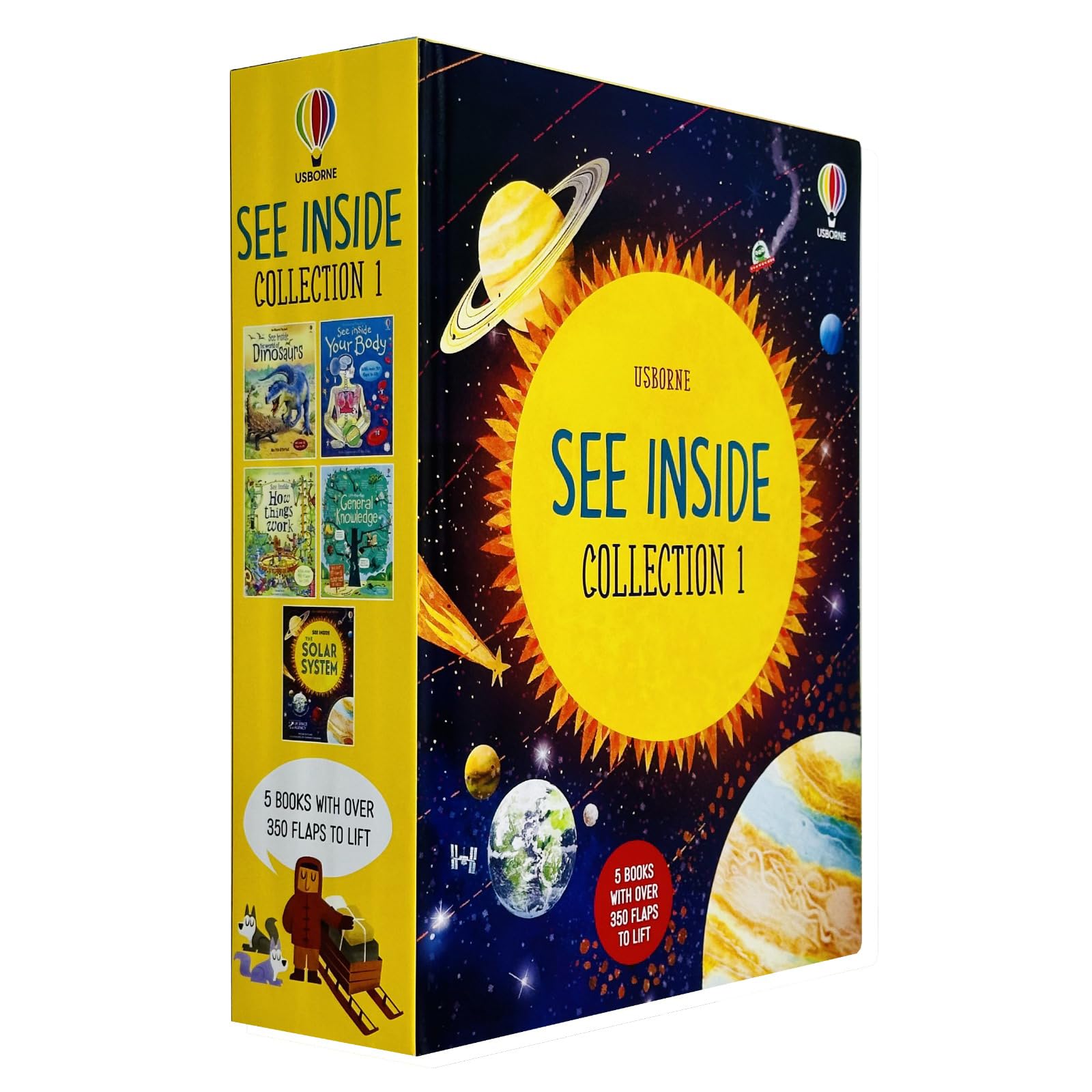 Full set of 5 See Inside board books fanned out showing dinosaurs, your body, how things work, general knowledge, and solar system covers