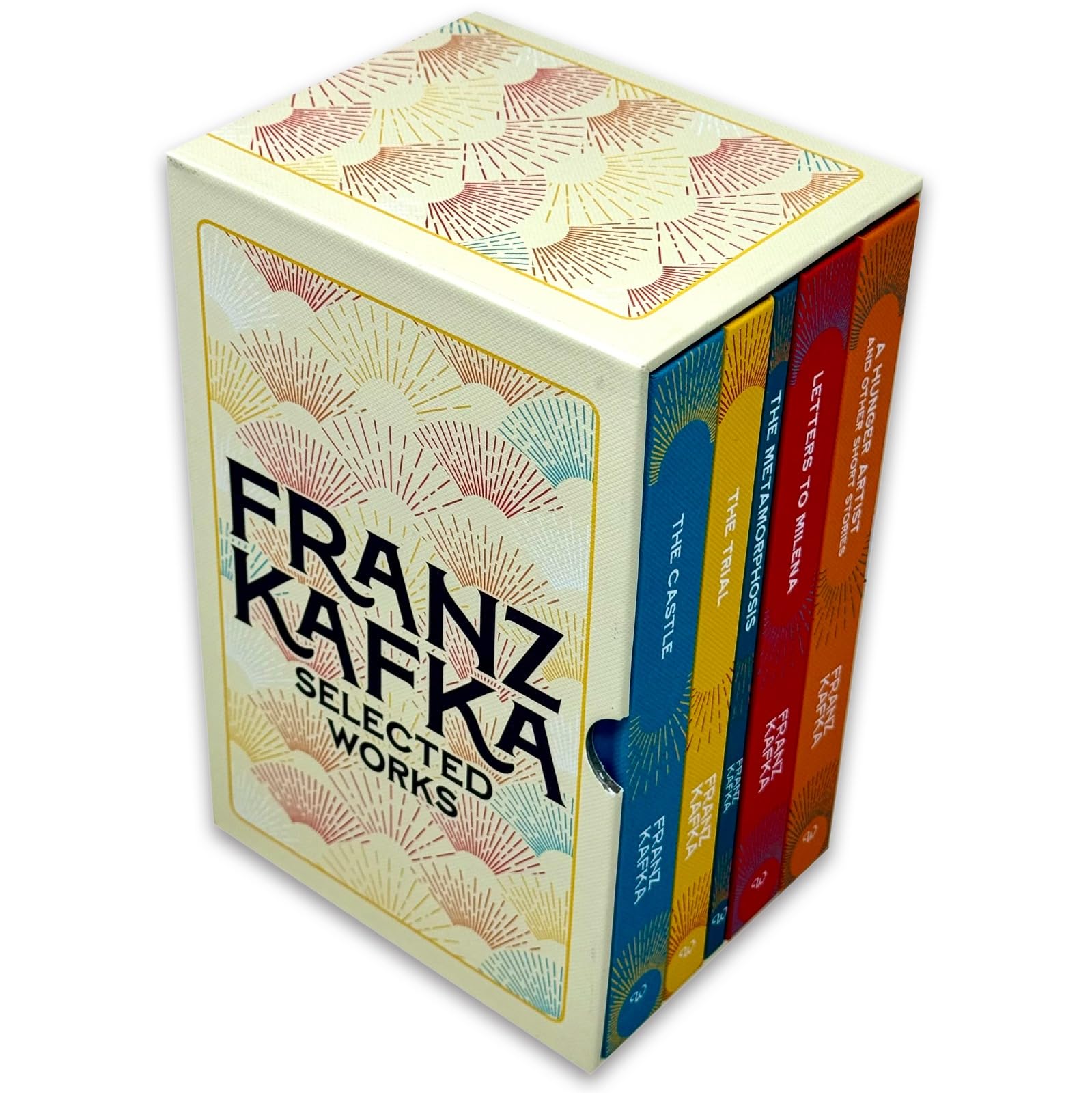 Franz Kafka hardback box set opened to reveal the spines of The Trial, The Castle, The Metamorphosis, Short Stories, and Letters to Milena
