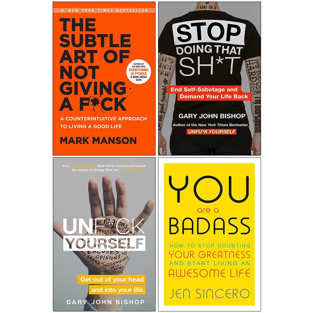 Front cover of the Self-Help 4 Books Collection Set paperback featuring The Subtle Art of Not Giving a F*ck, You Are a Badass, Unfu*k Yourself, and Stop Doing That Sh*t