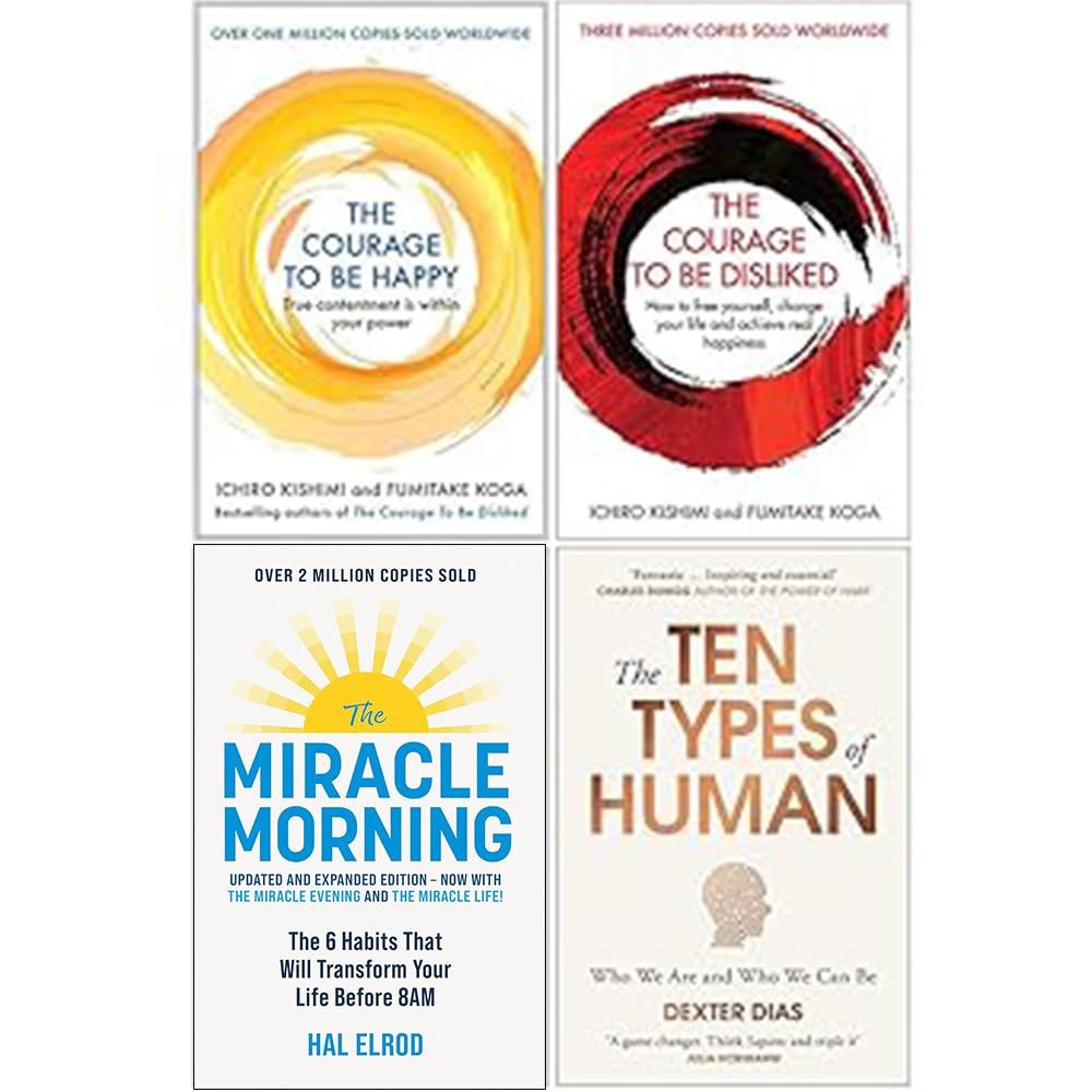 Front cover of the Self Help Classics 4-book paperback set featuring The Courage to Be Disliked, The Courage to Be Happy, The Miracle Morning, and The Ten Types of Human