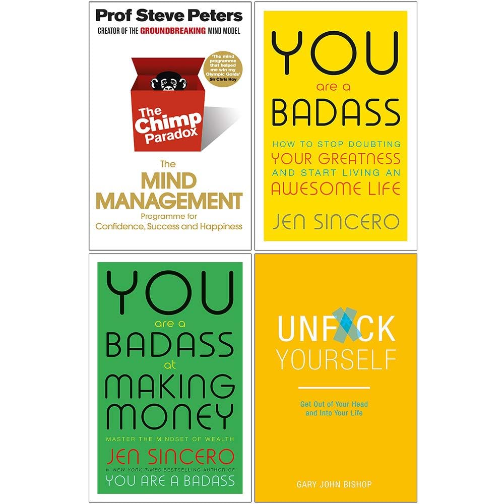 Front cover of the Self Help Collection 4-book paperback set featuring The Chimp Paradox, You Are a Badass, Badass At Making Money, and Unfuck Yourself.
