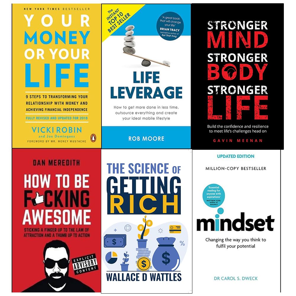 Front view of the Self-Help & Mindset 6 books collection set paperback, showing all six titles displayed on a wooden surface.
