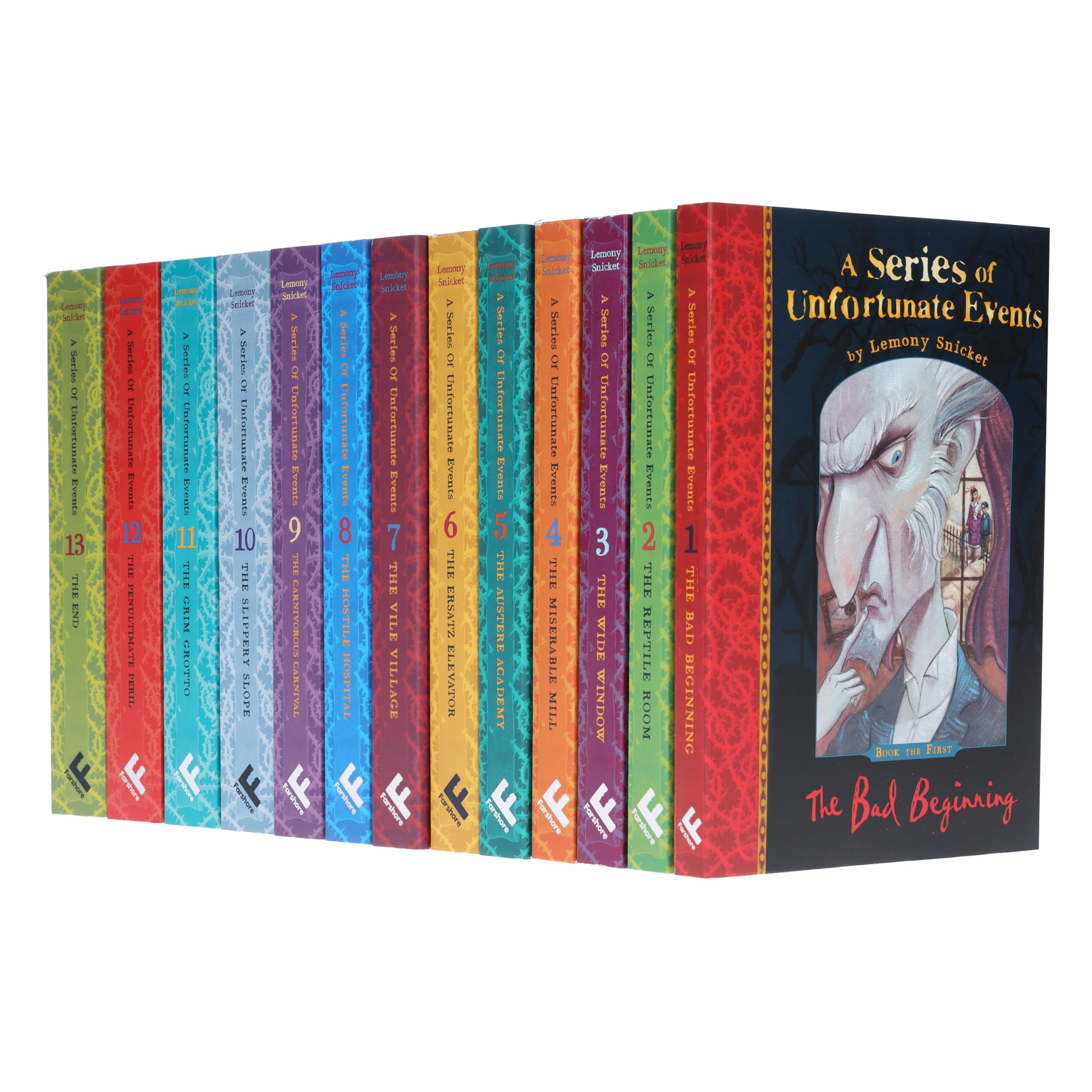 A Series of Unfortunate Events 13 book set - all Baudelaire orphans paperbacks fanned out showing individual covers
