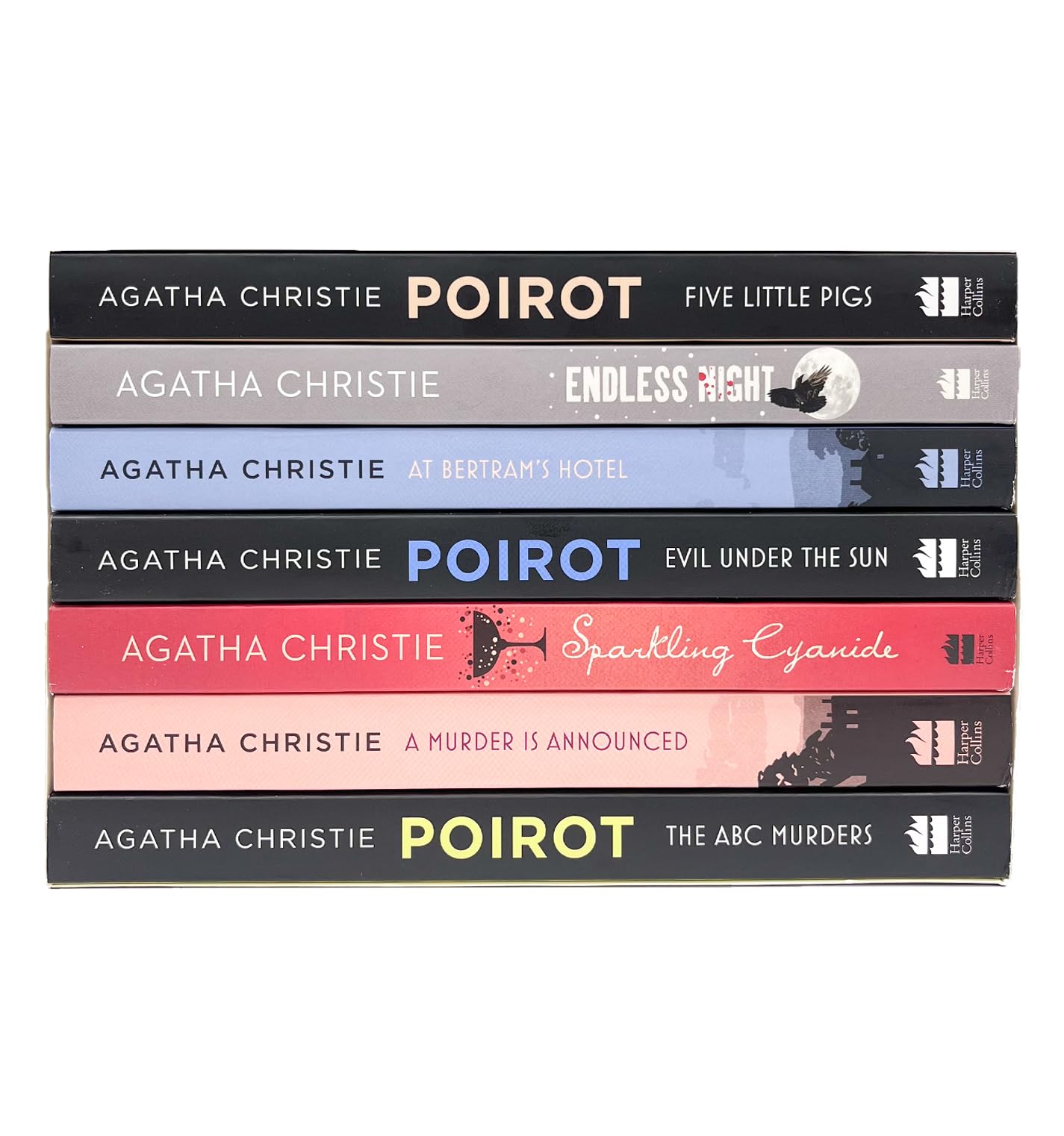 Front covers of the Seven Deadly Sins Agatha Christie paperback box set, featuring seven classic fiction mystery titles.