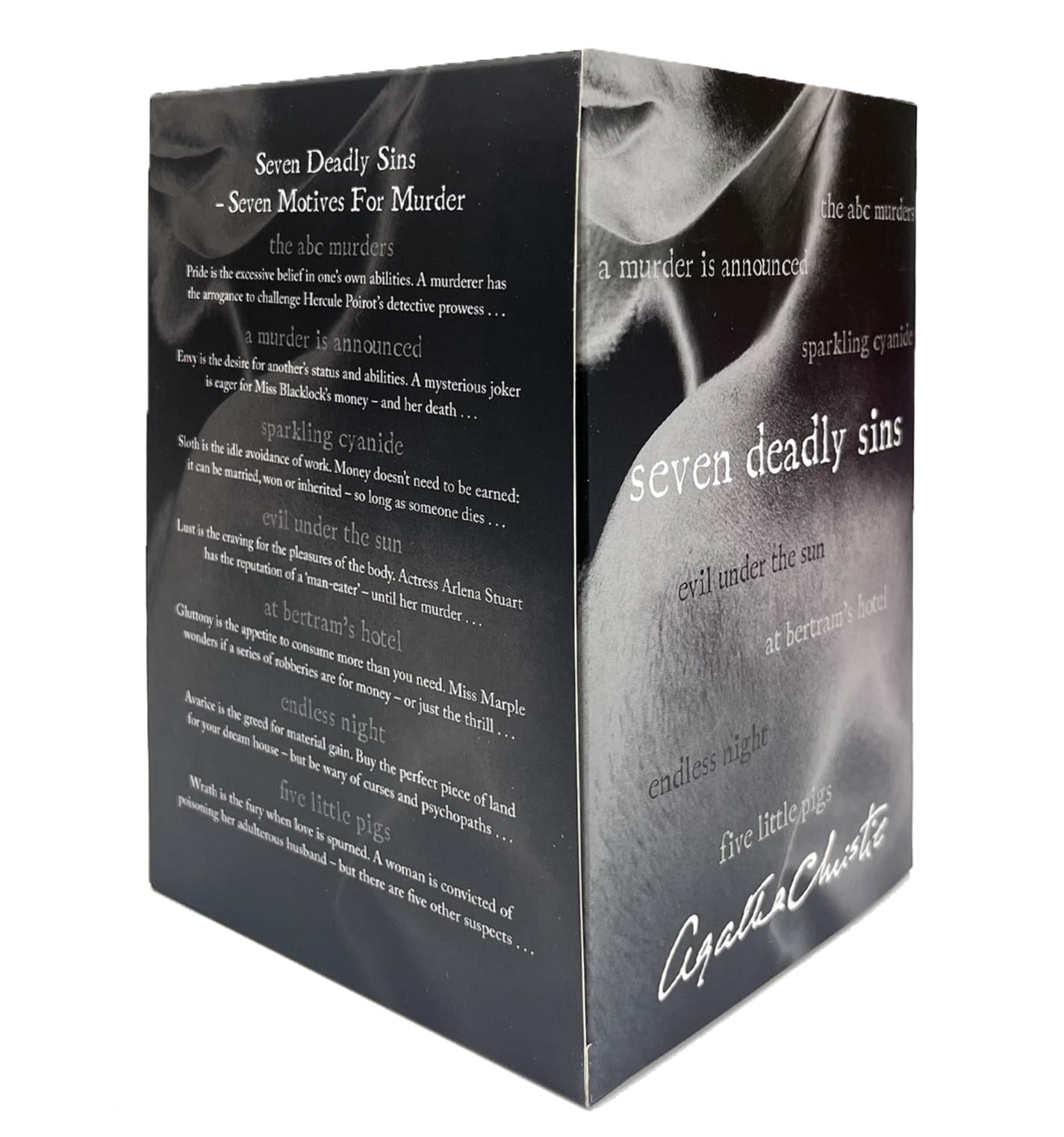 Seven Deadly Sins by Agatha Christie 7-book paperback set fanned out, displaying titles including The ABC Murders and Five Little Pigs.