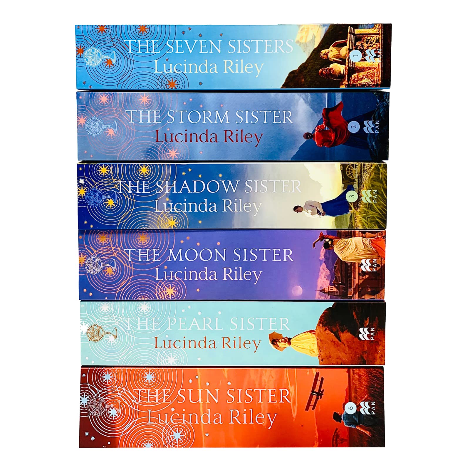 Close-up of The Seven Sisters paperback cover by Lucinda Riley showing title and star cluster design