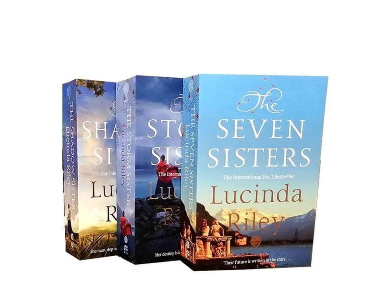 The Seven Sisters, The Storm Sister, and The Shadow Sister paperback set fanned out showing spines and back covers