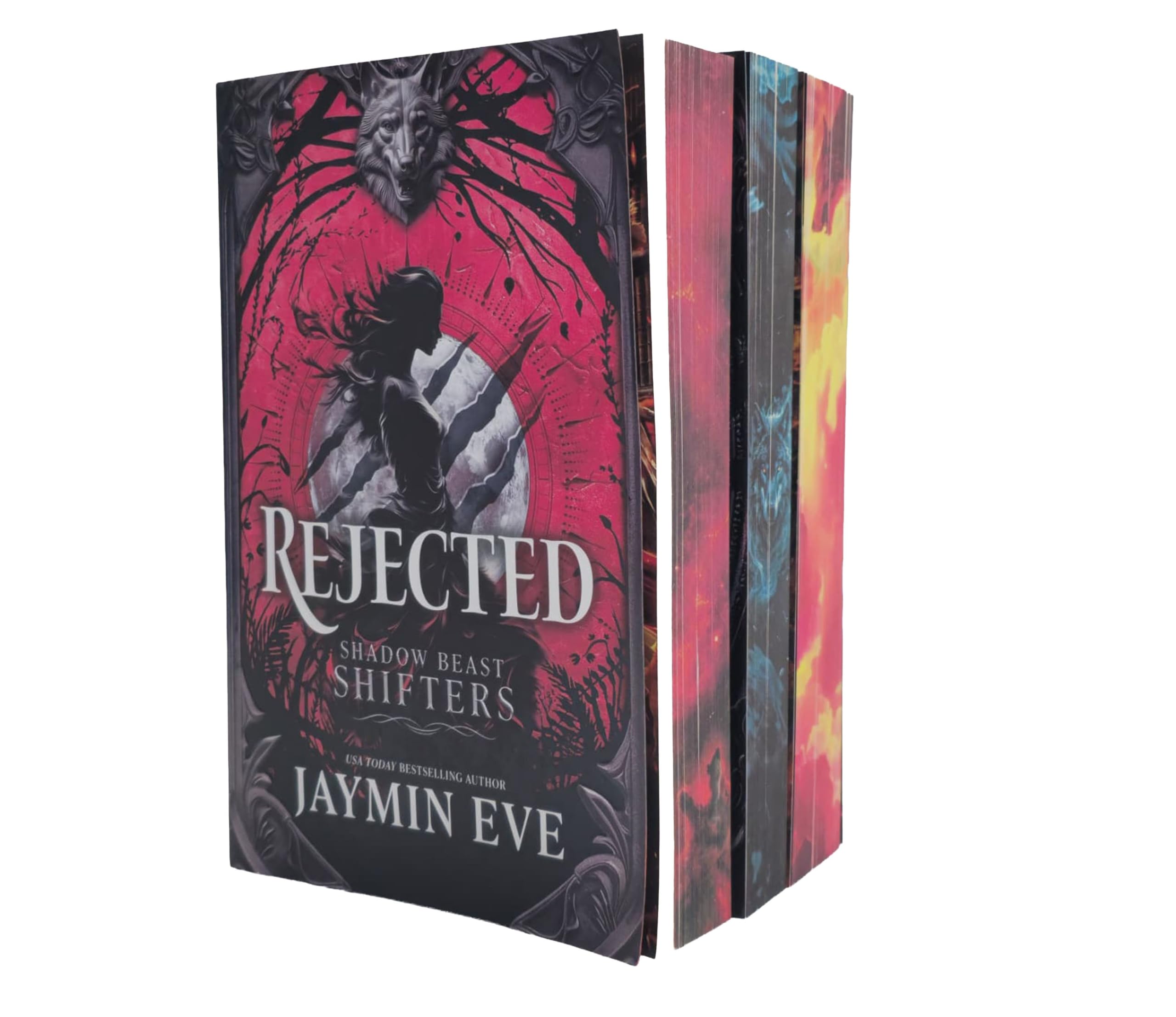 Shadow Beast Shifters trilogy by Jaymin Eve, close-up of the deluxe paperback set showing spines and back cover details