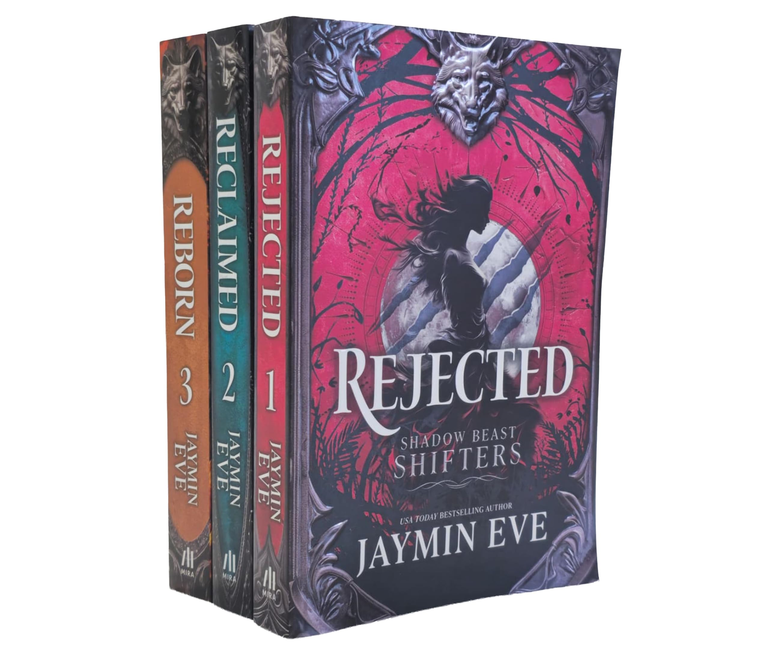 Shadow Beast Shifters 3-book paperback collection set by Jaymin Eve, front covers of Rejected, Reclaimed, and Reborn