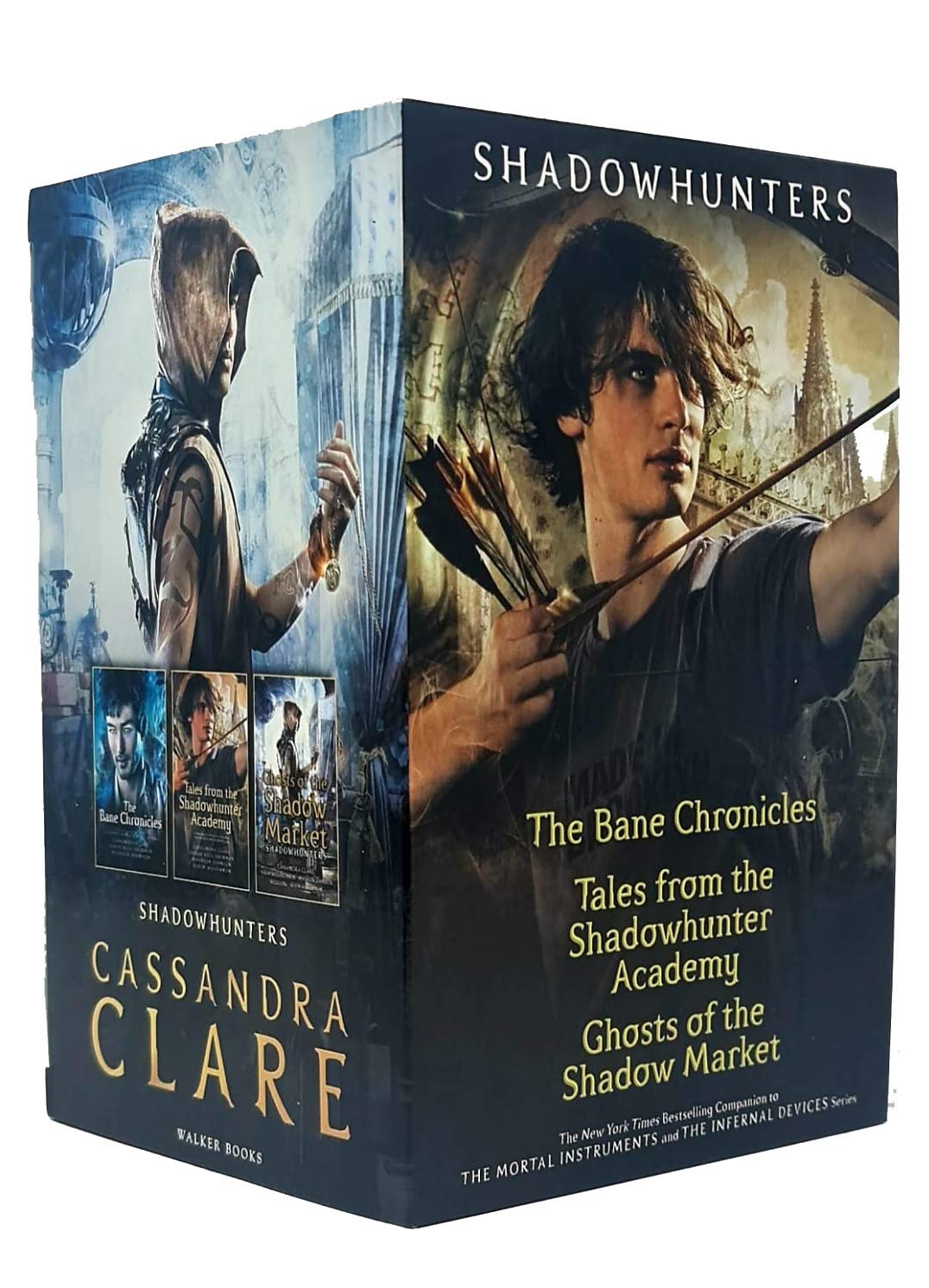 Close-up of the paperback covers in the Cassandra Clare Shadowhunter Chronicles 3-book collection set, showing title and author details