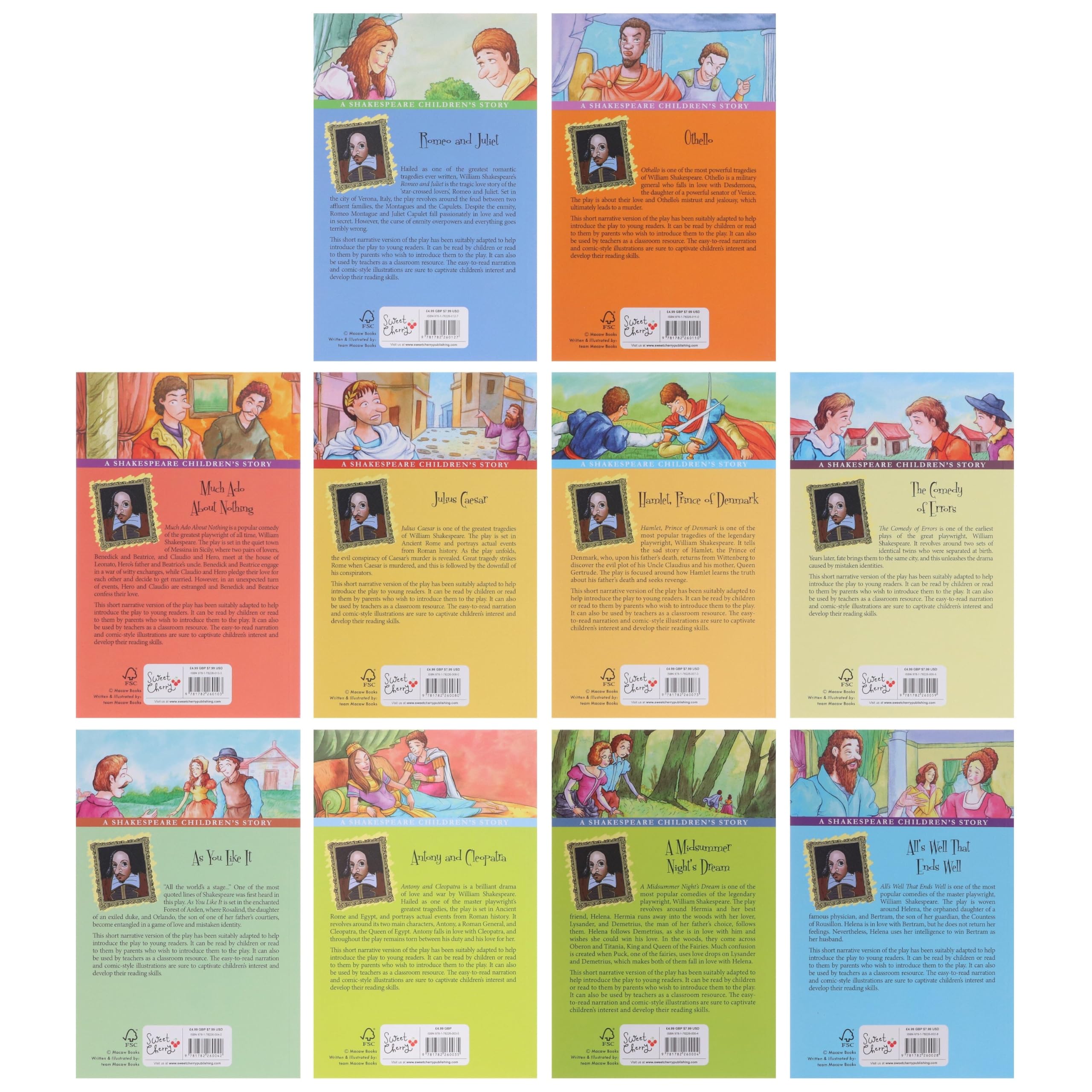Full 20-book Shakespeare Children's Stories paperback set displayed together, including Macbeth, Hamlet, and Romeo and Juliet
