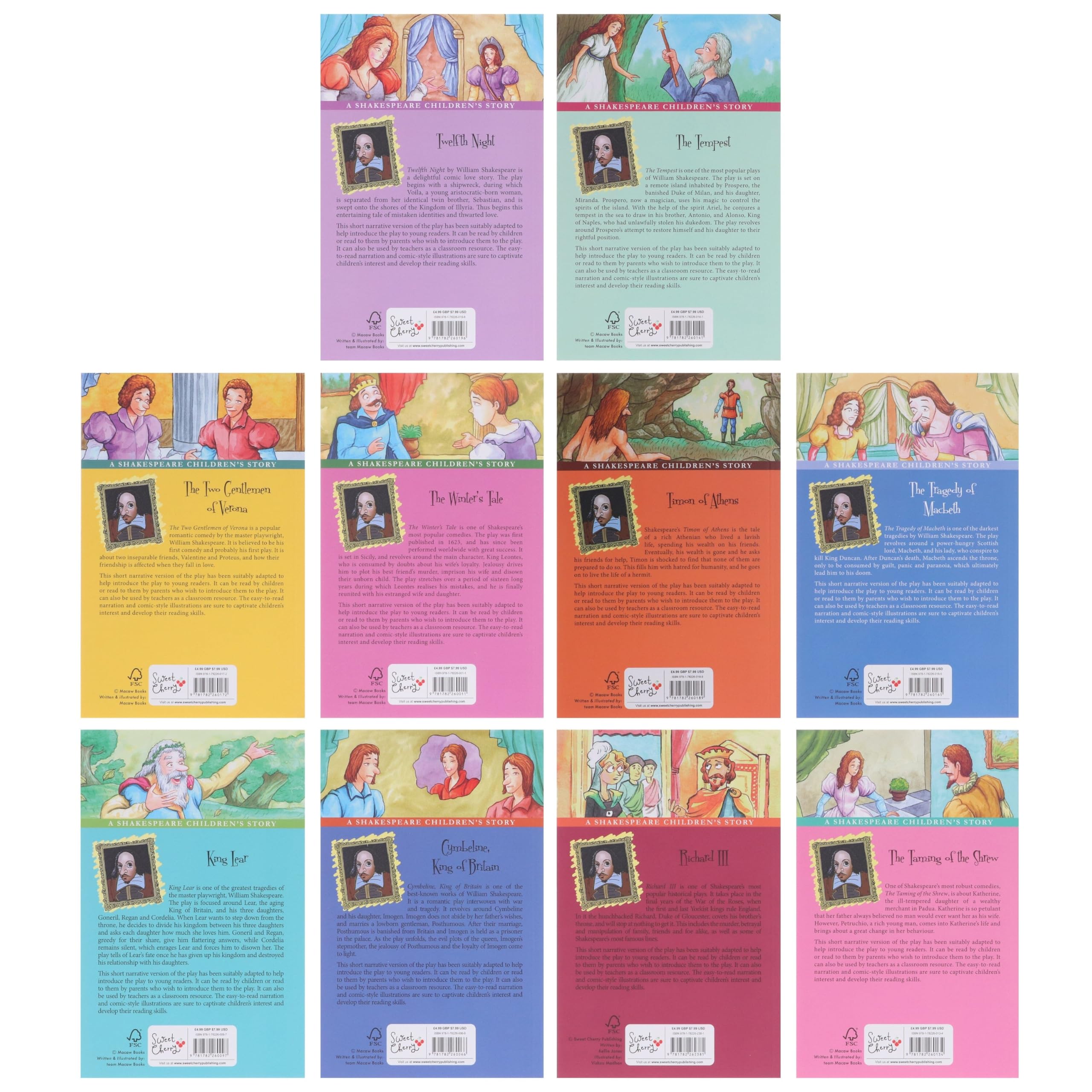 Close-up of individual Shakespeare Children's Stories paperback book covers with illustrated artwork
