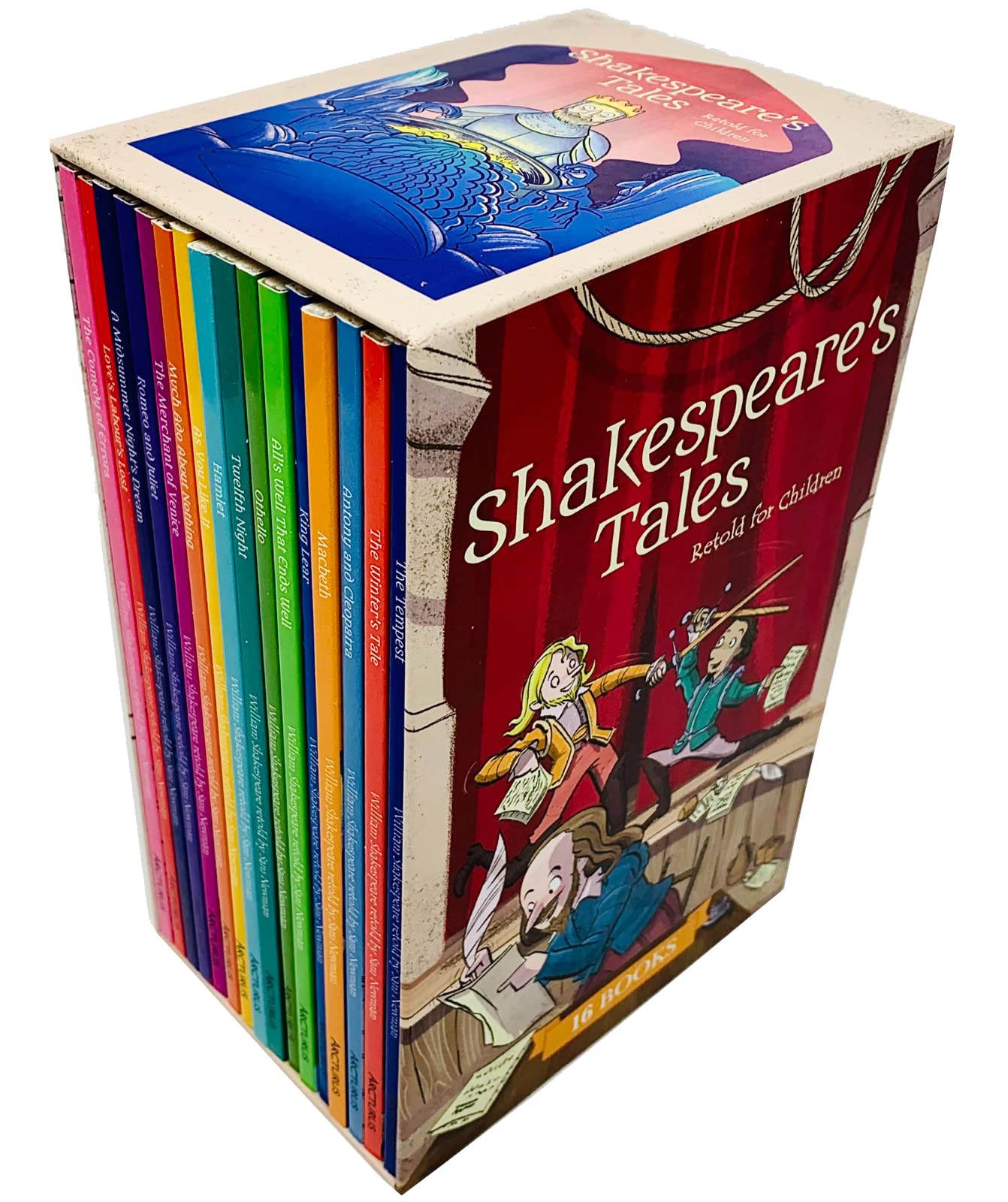 The full 16-book Shakespeare's Tales Retold for Children set fanned out, showing individual paperback titles including Macbeth and Hamlet