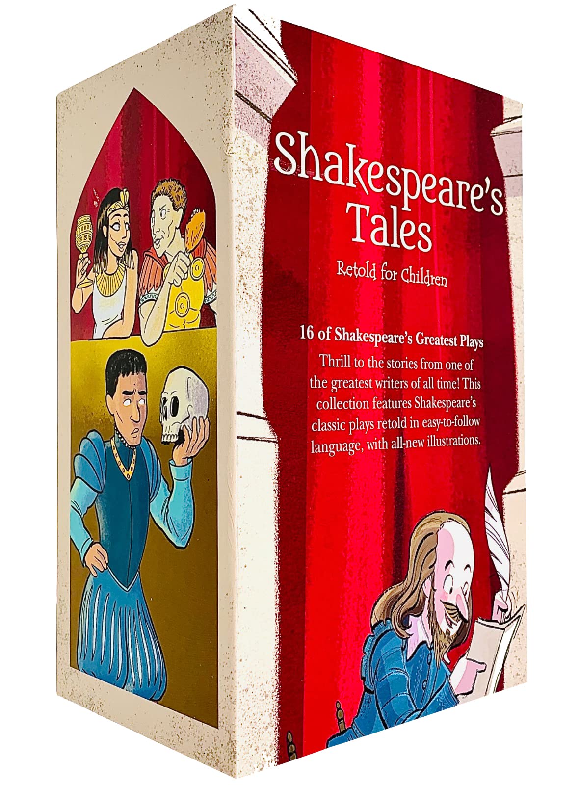 Inside page spread from a Shakespeare's Tales Retold for Children paperback, showing illustrated retelling text for young readers