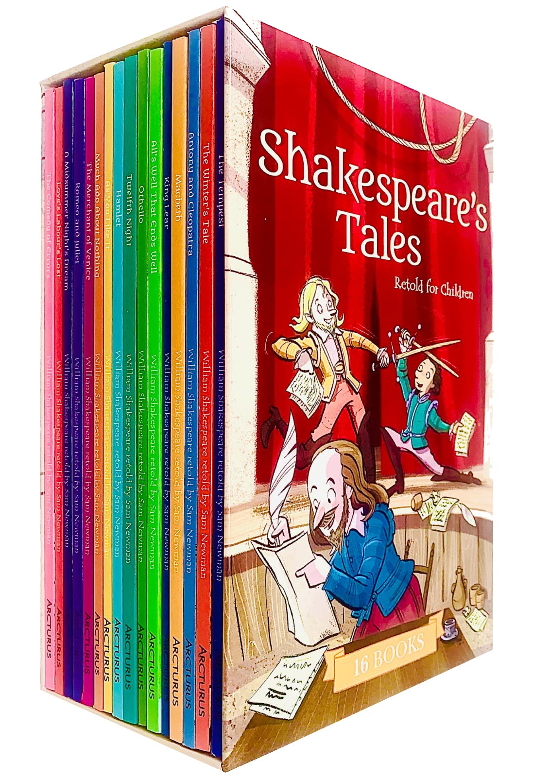 Shakespeare's Tales Retold for Children 16-book paperback box set front cover, showing the illustrated collection box