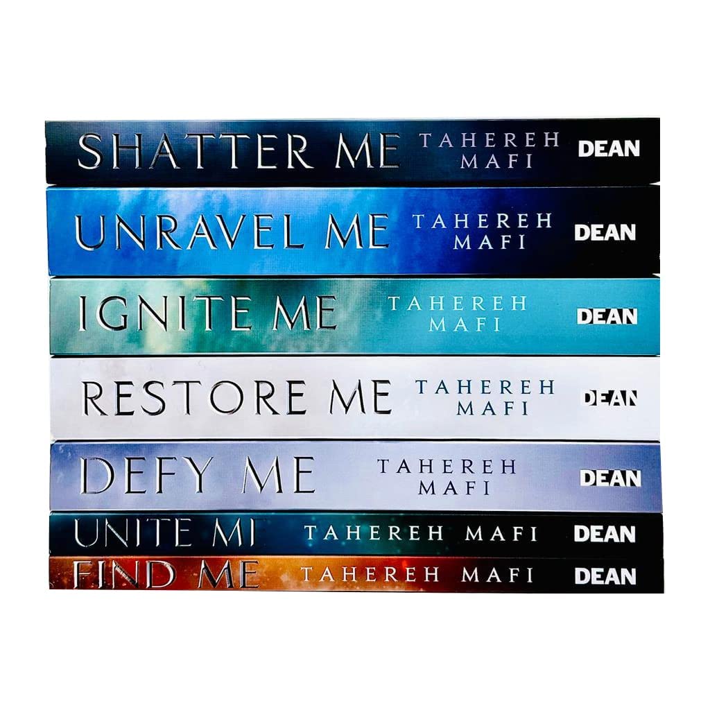 Shatter Me Series 7-book paperback collection set by Tahereh Mafi stacked together, young adult dystopian saga.
