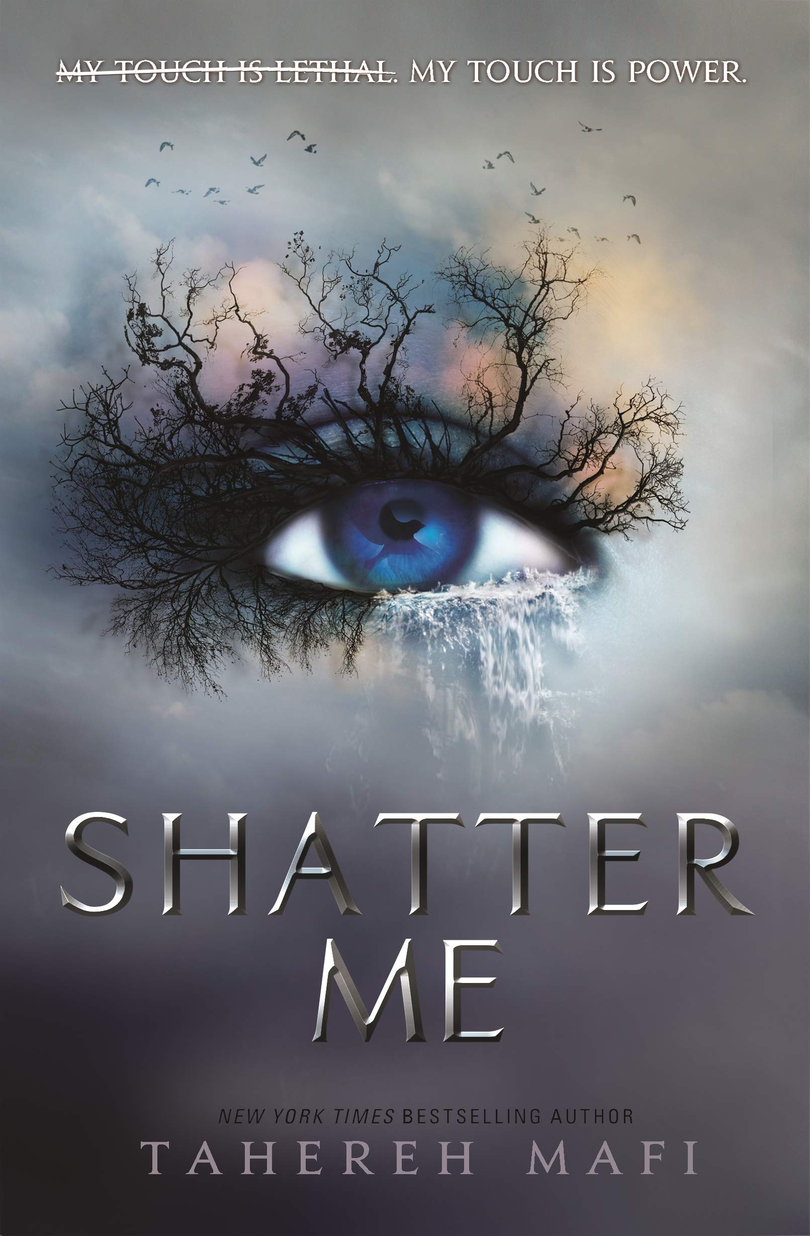 Full overhead view of all seven Shatter Me series paperback books by Tahereh Mafi laid out as a complete set.