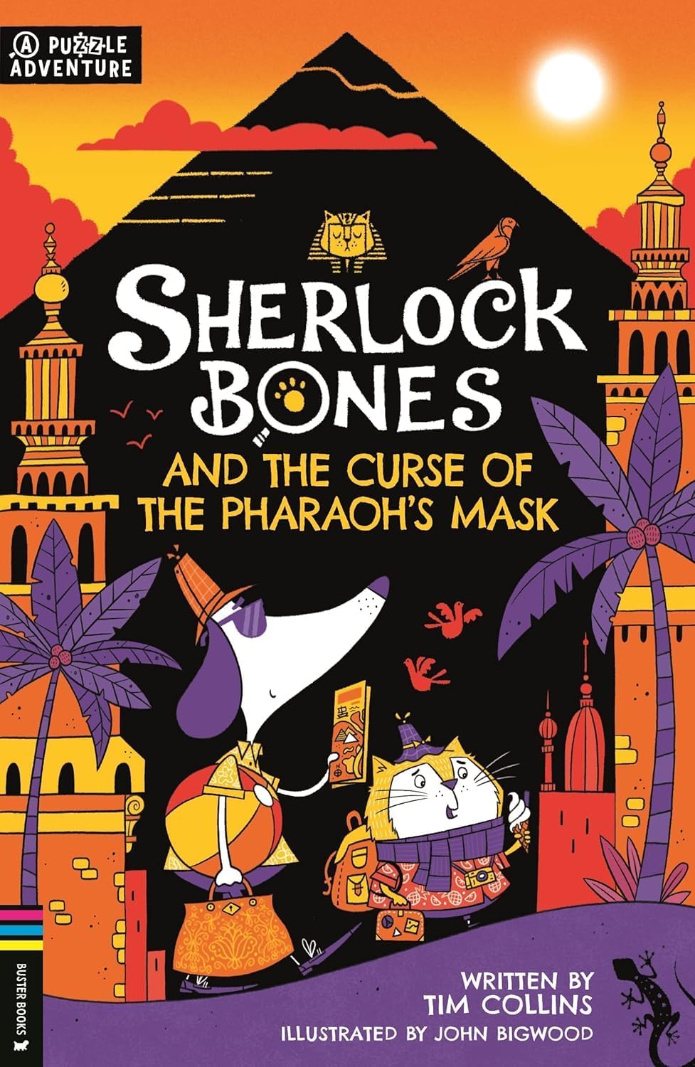 Spines of all five Sherlock Bones paperback books lined up together, Buster Books edition
